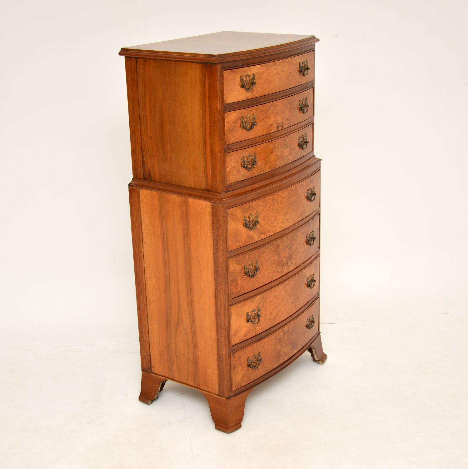 English Antique Burr Walnut Chest on Chest of Drawers