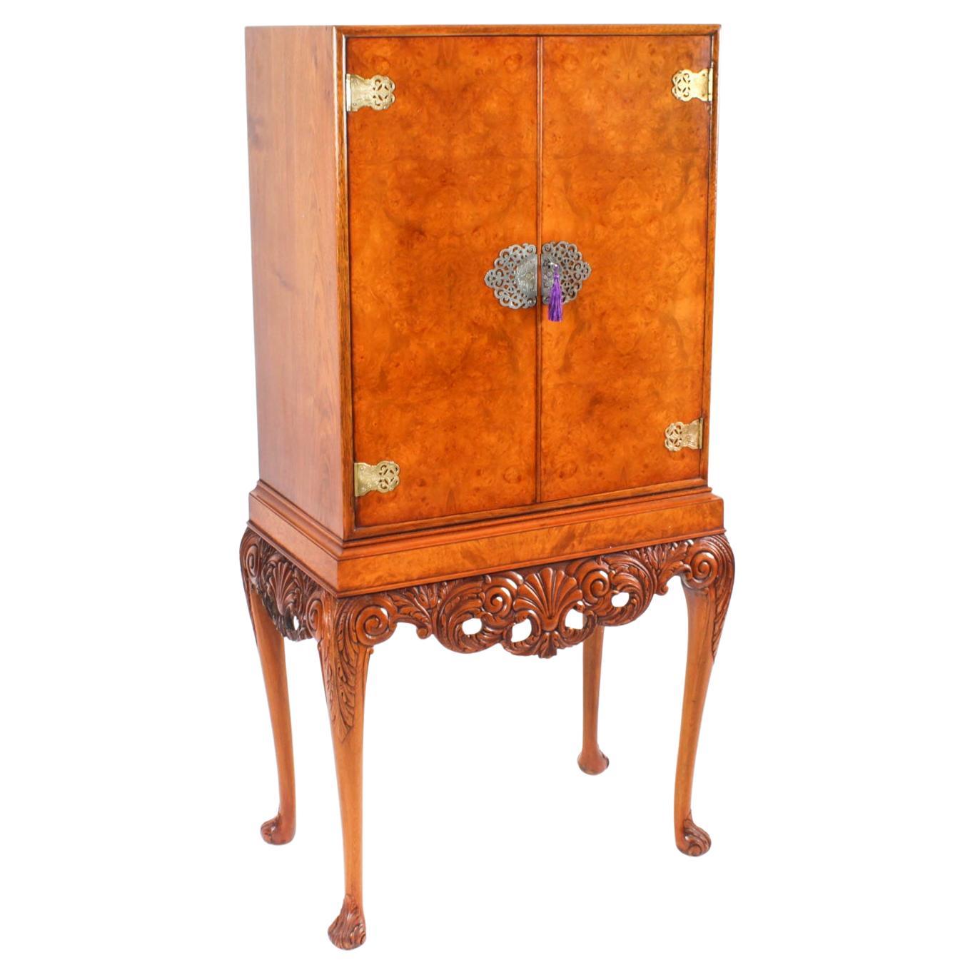 Antique Burr Walnut Cocktail Cabinet Drinks Dry Bar & Glassware Circa 1930