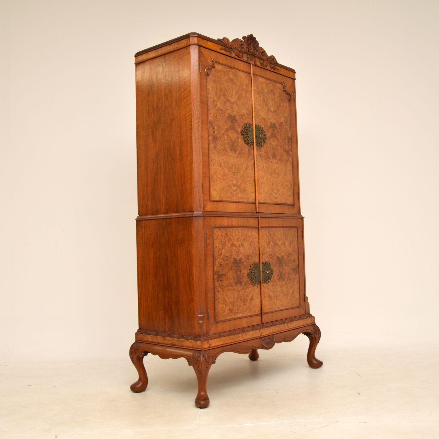 Antique Burr Walnut Cocktail Drinks Cabinet In Good Condition For Sale In London, GB