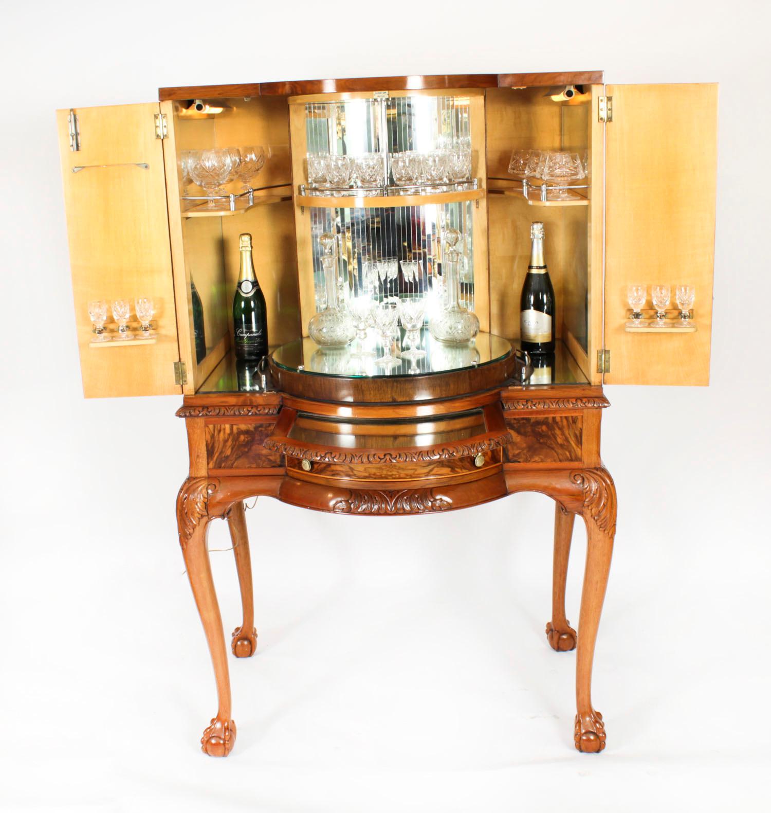 Queen Anne Antique Burr Walnut Cocktail Drinks Dry Bar Cabinet & Glassware 1920s