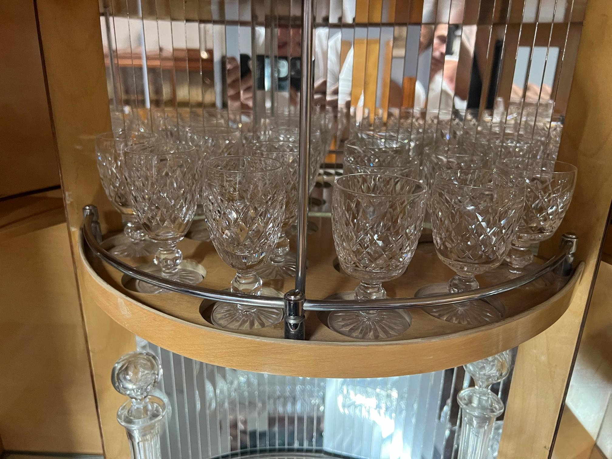 Antique Burr Walnut Cocktail Drinks Dry Bar Cabinet & Glassware 1920s 1