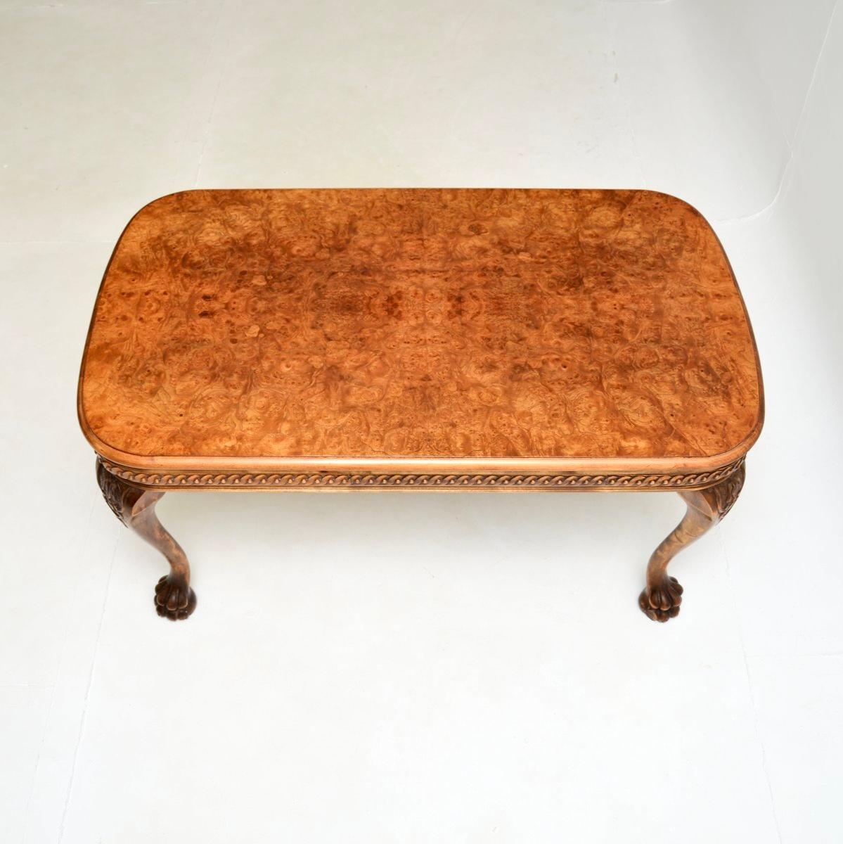 British Antique Burr Walnut Coffee Table For Sale