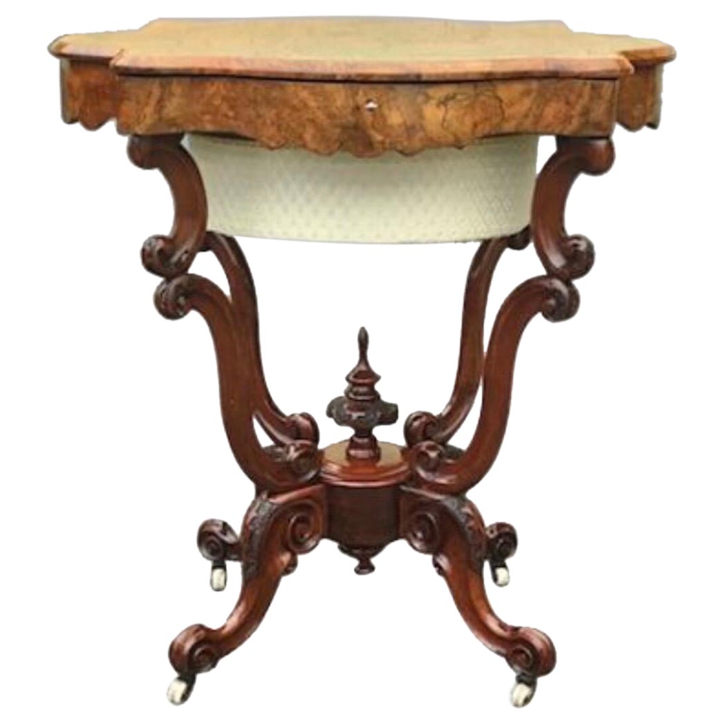 Antique Burr Walnut Cradle Base Victorian Sewing Work Lamp Table For Sale