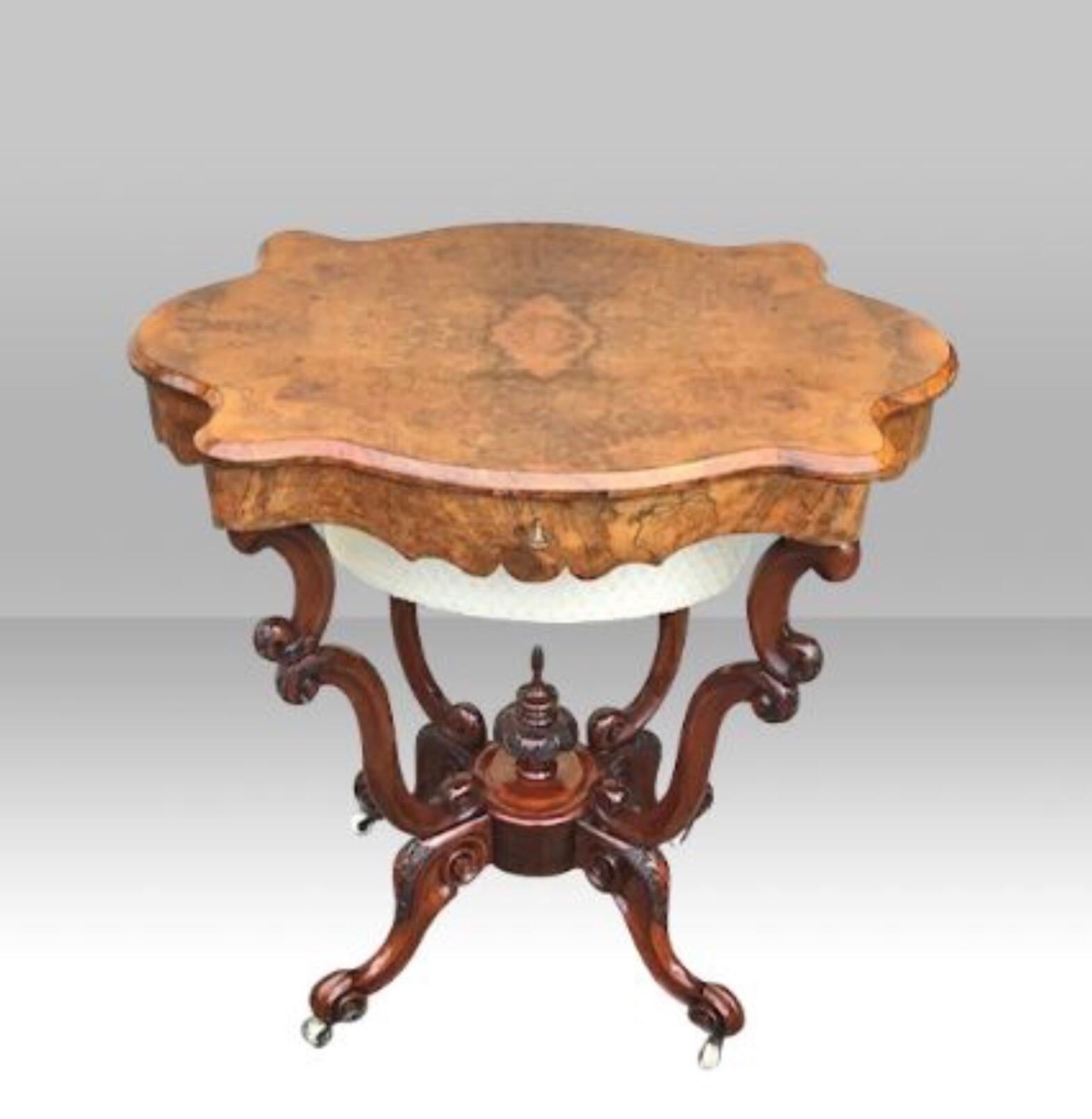 Magnificent Antique Burr Walnut Cradle Base
Victorian Sewing Work Lamp Table On Cradle Base.
Working Lock and Key.
Circa 1860
28ins x 27ins x 18ins
71cm x 68.5cm x 45.5cm
