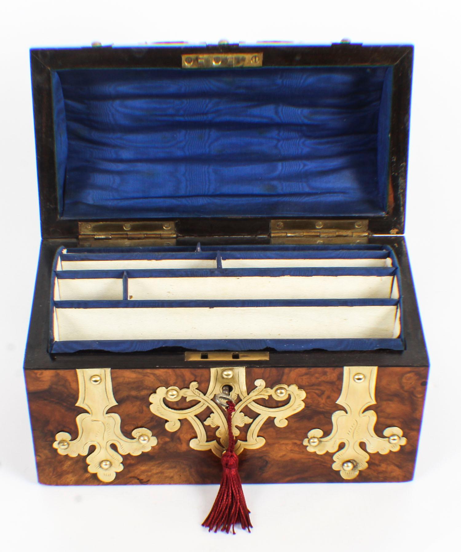 Mid-19th Century Antique Burr Walnut Cut Brass Mounted Stationery Box, 19th Century
