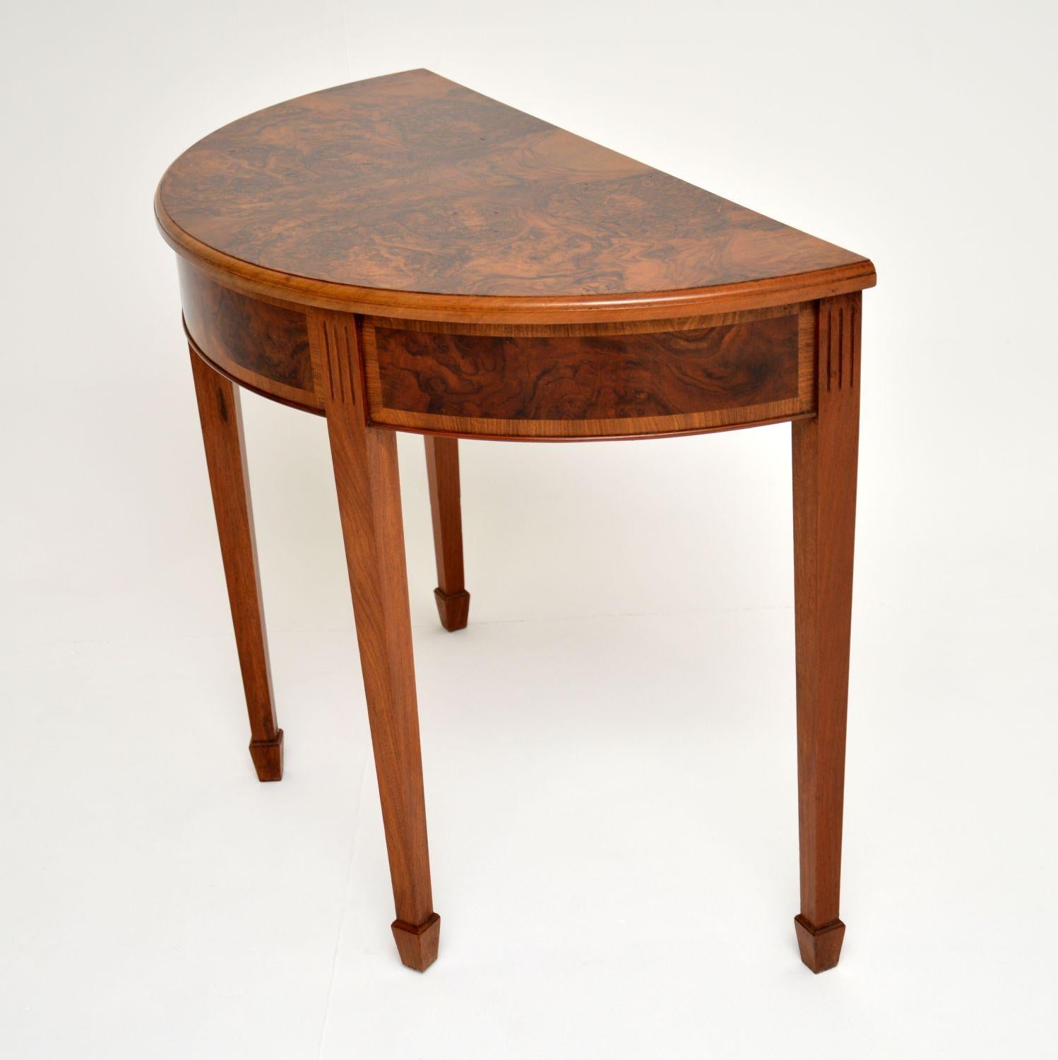 English Antique Burr Walnut Demilune Console Table