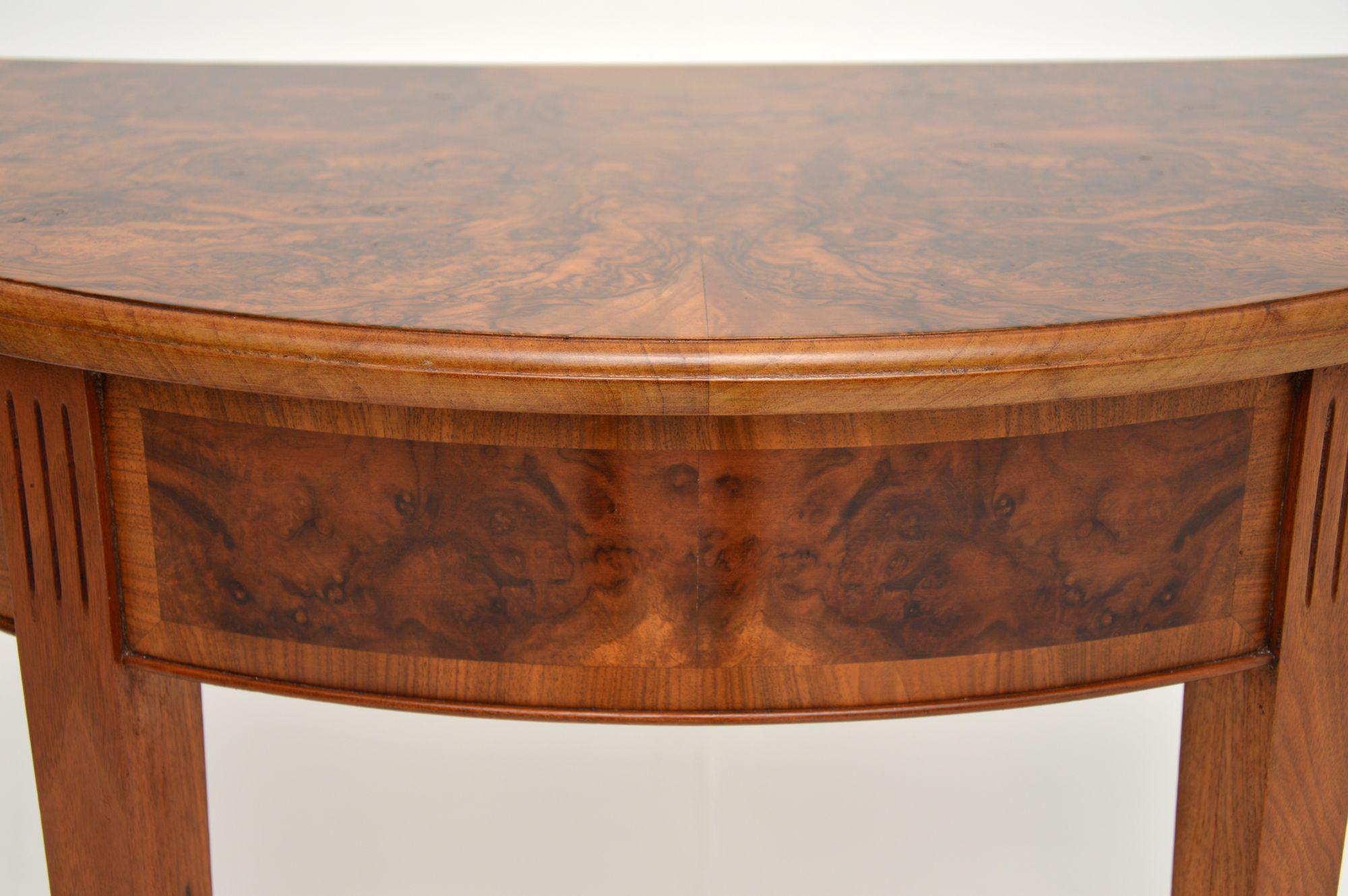 Antique Burr Walnut Demilune Console Table In Good Condition In London, GB