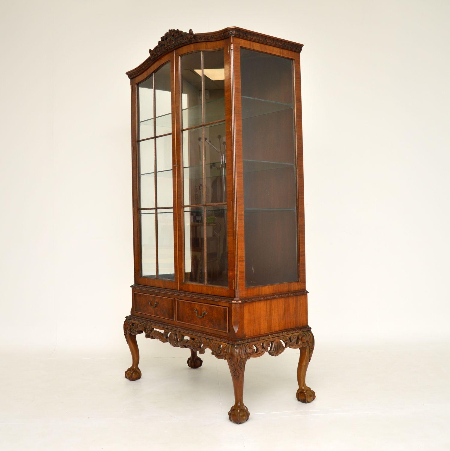 English Antique Burr Walnut Display Cabinet