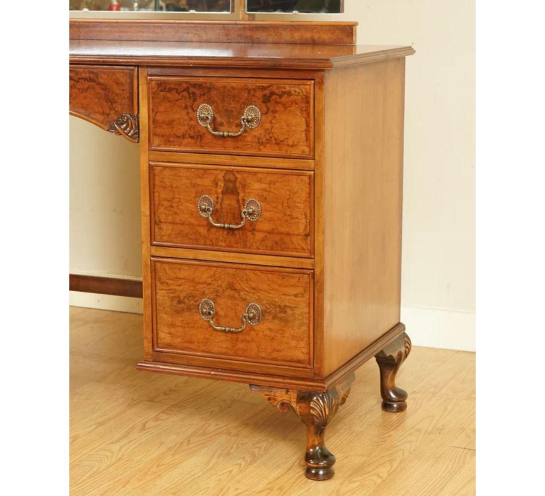 British Antique Burr Walnut Dressing Table with Trifold Mirrors For Sale