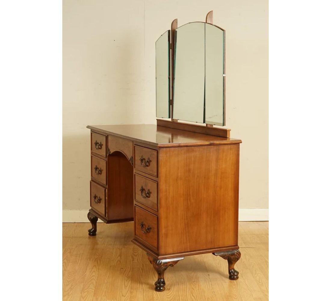 20th Century Antique Burr Walnut Dressing Table with Trifold Mirrors For Sale