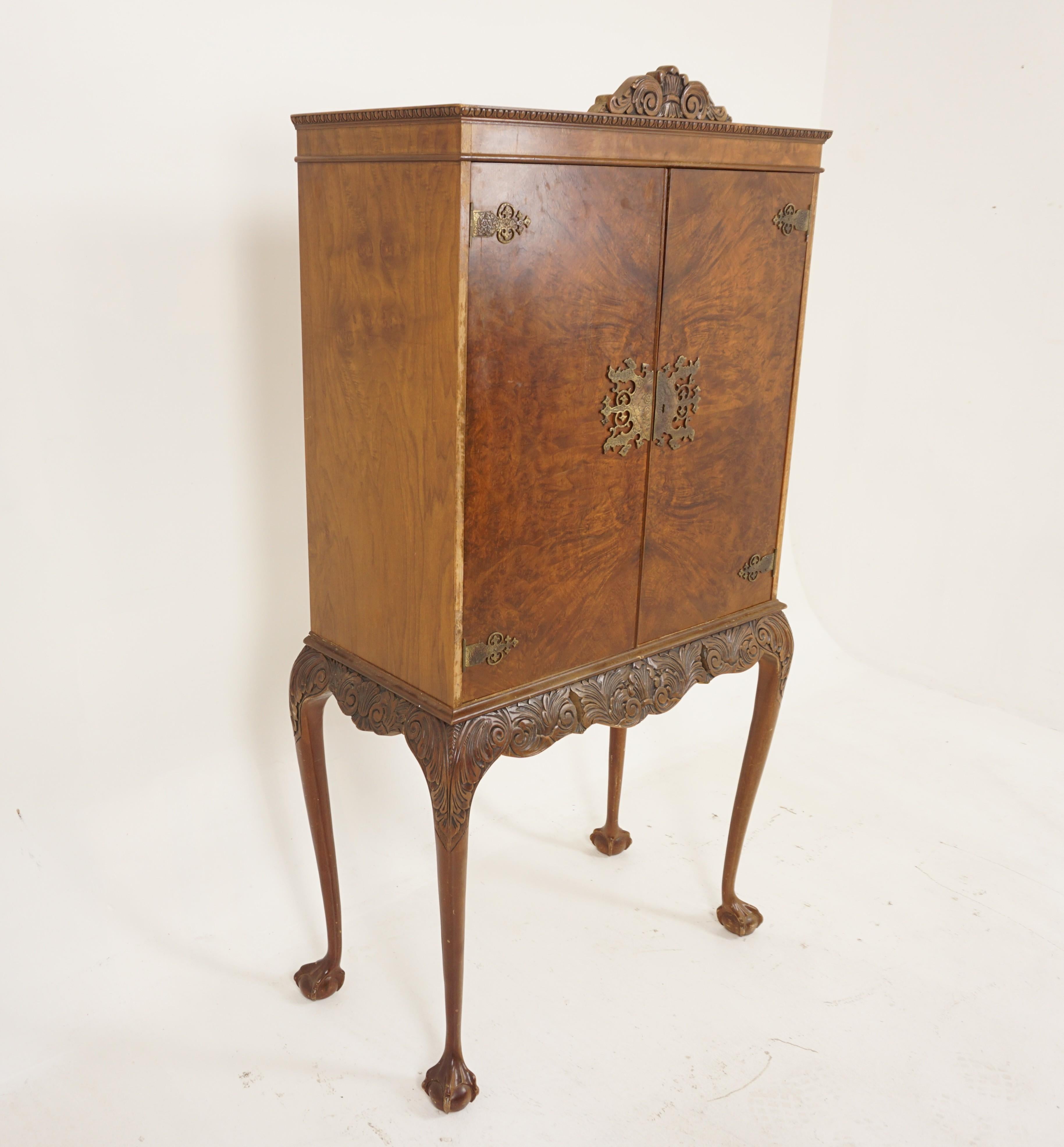 Antique Burr Walnut Drinks, Cocktail Cabinet, Scotland 1920, B2578 In Good Condition In Vancouver, BC