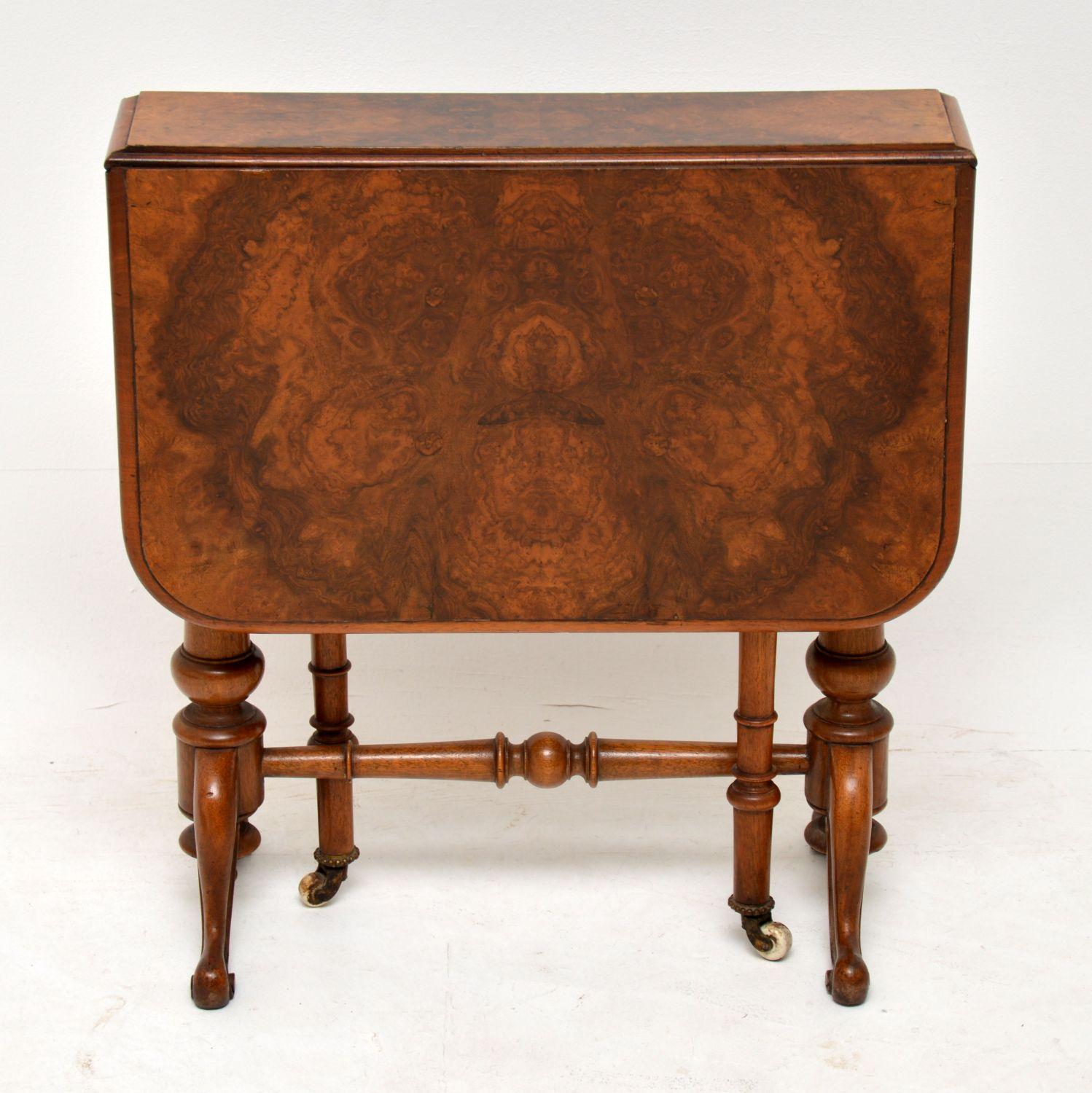 British Antique Burr Walnut Drop-Leaf Side Table