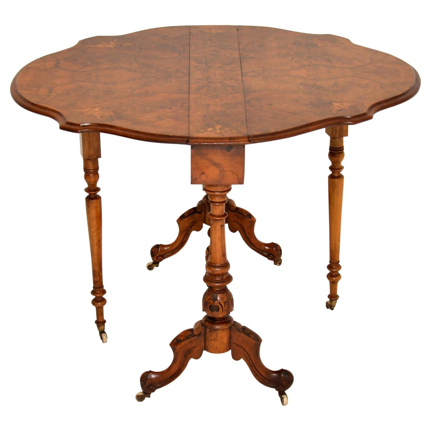 This is one of the nicest antique Sutherland tables I’ve had and it’s in excellent original condition, with a lovely warm color and dating to circa 1860s period.

It has a shaped burr walnut top which has beautiful patterns and is nicely inlaid