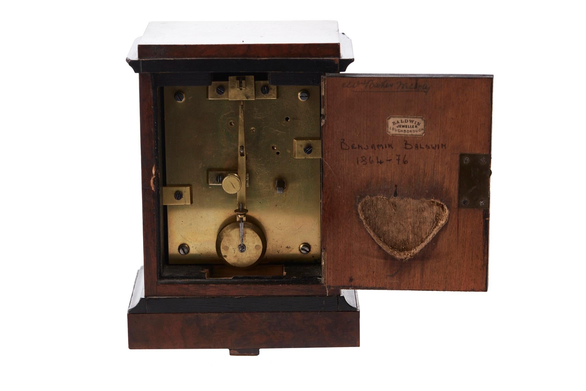 English Antique Burr Walnut Ebonized Cased Desk Clock from Baldwin of Loughborough For Sale