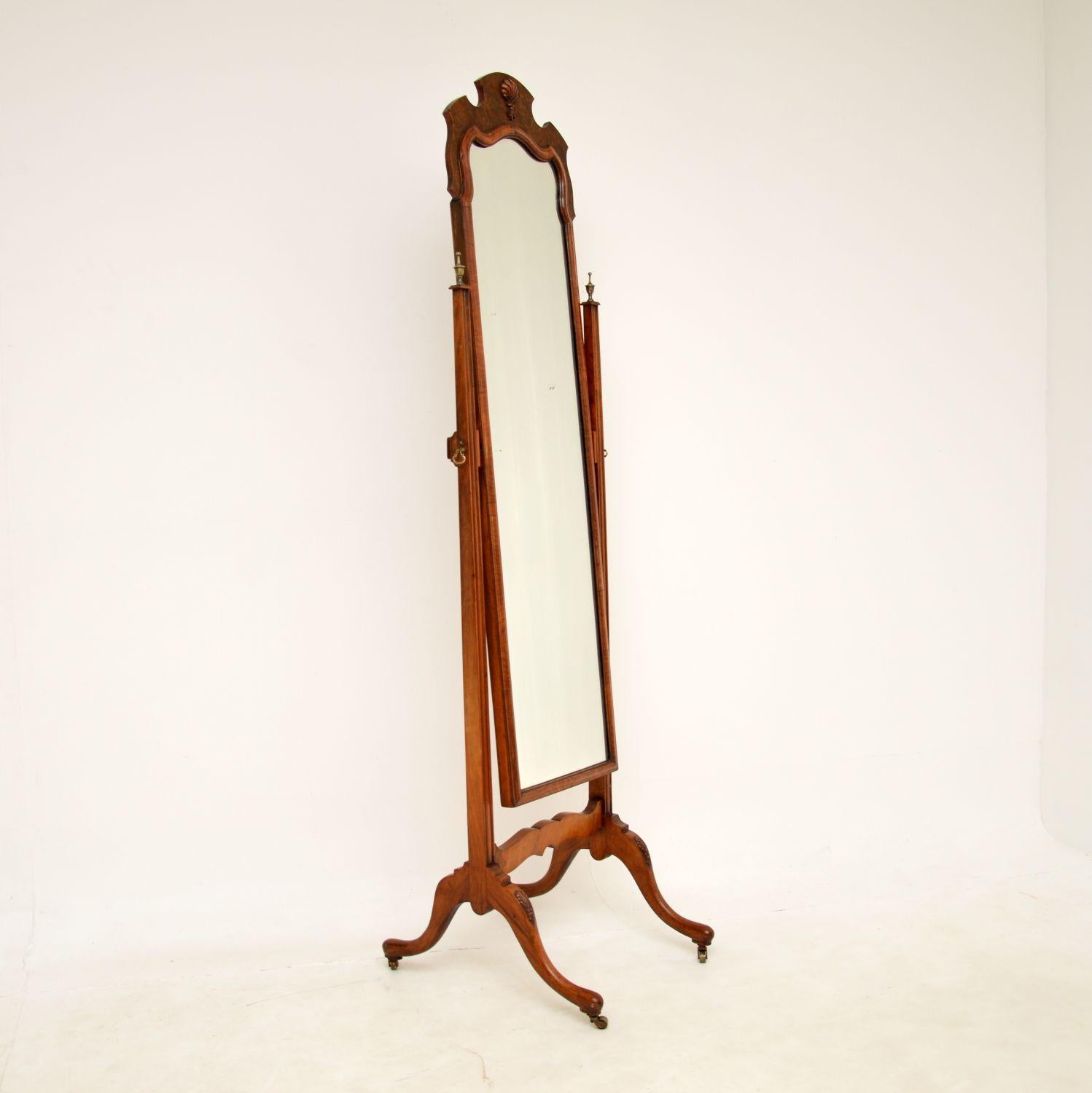A beautiful antique free standing cheval mirror in burr walnut. This was made in England, it dates from around the 1890-1900 period.

It is of superb quality and is a lovely size, quite slim and elegant. The burr walnut grain patterns are
