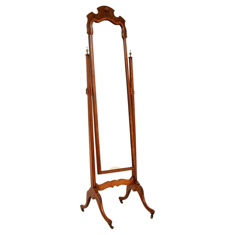 Antique Burr Walnut Free Standing Cheval Mirror For Sale at 1stDibs