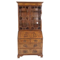 Antique Burr Walnut Inlaid Secretaire/Bureau Bookcase, Scotland 1910