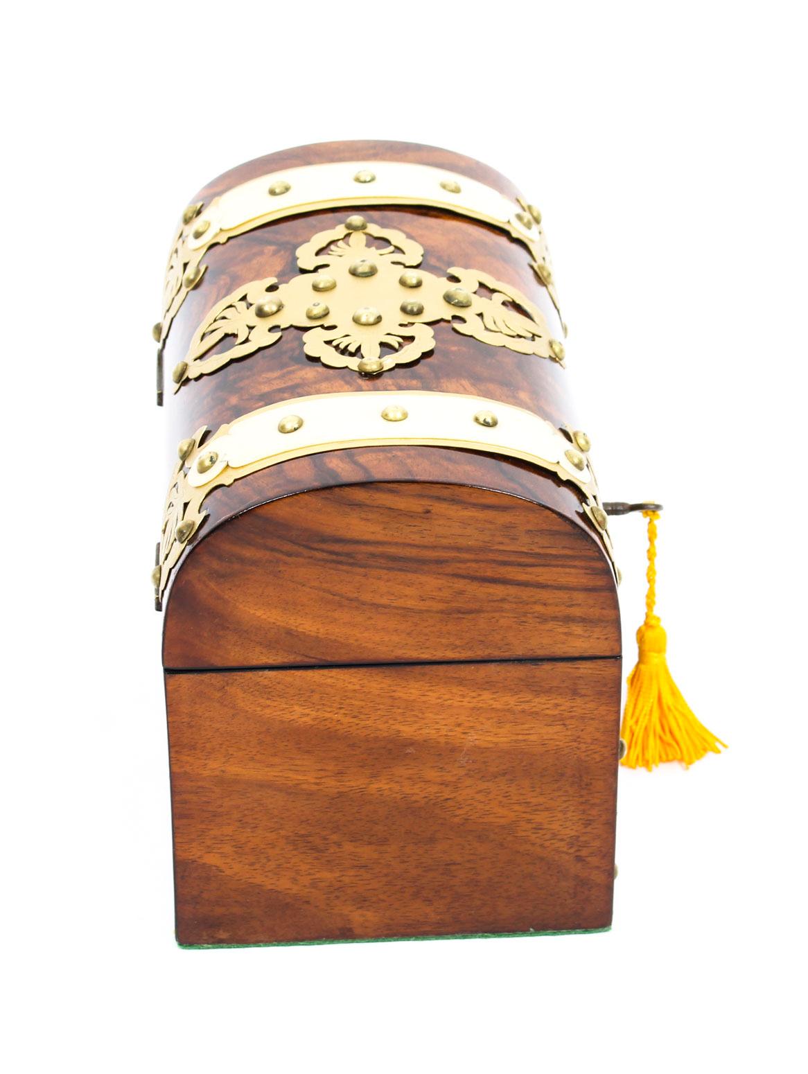 Antique Burr Walnut, Ivorine and Brass Box Casket with Key, 19th Century 4