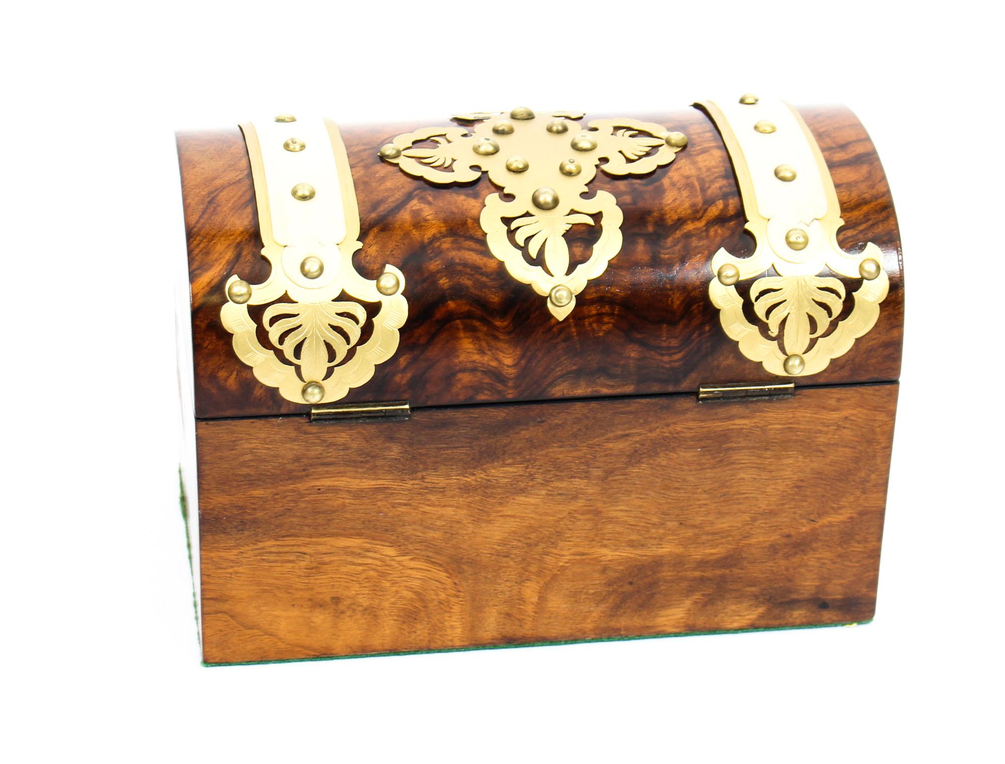 Antique Burr Walnut, Ivorine and Brass Box Casket with Key, 19th Century 3