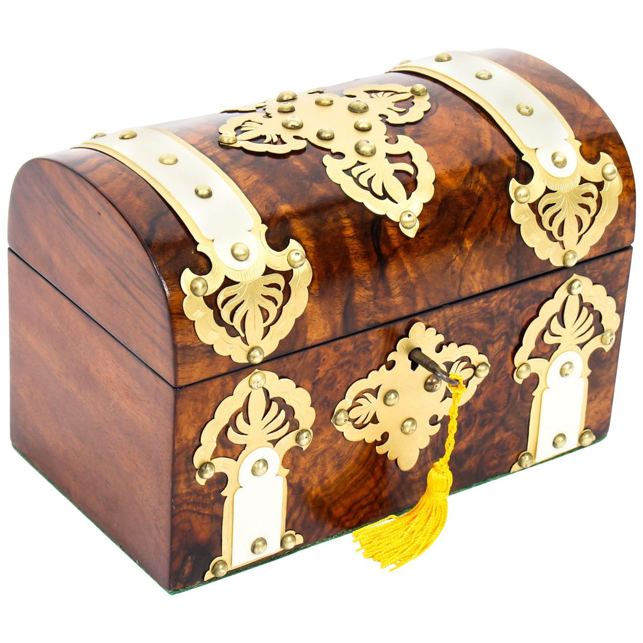 Antique Burr Walnut, Ivorine and Brass Box Casket with Key, 19th Century