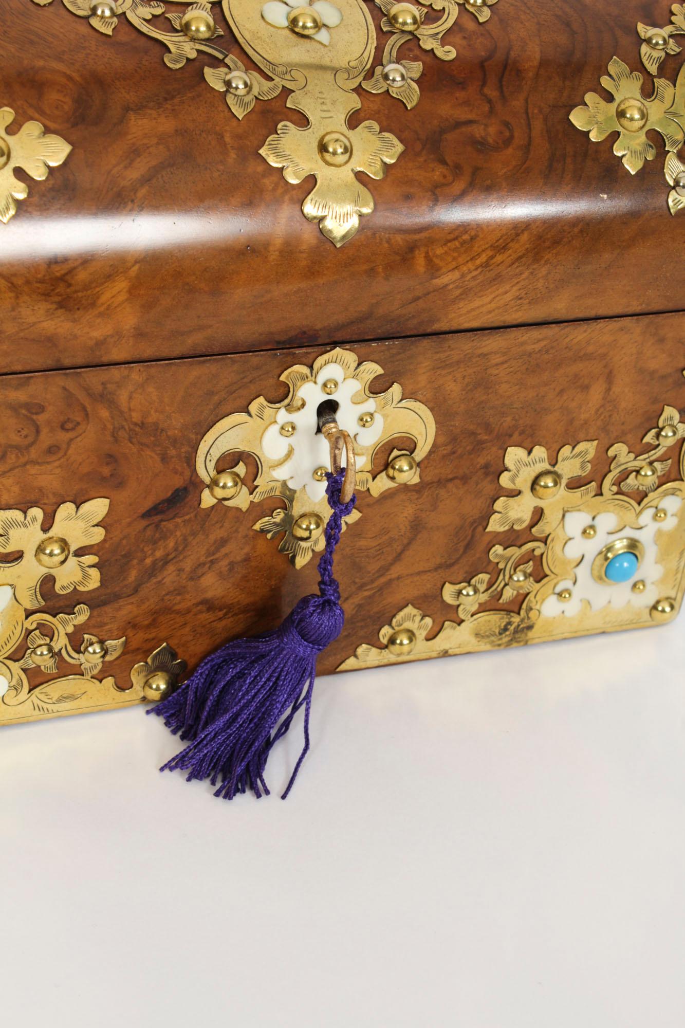Antique Burr Walnut, Ivorine & Brass Box Domed Casket with Key 19th Century 3
