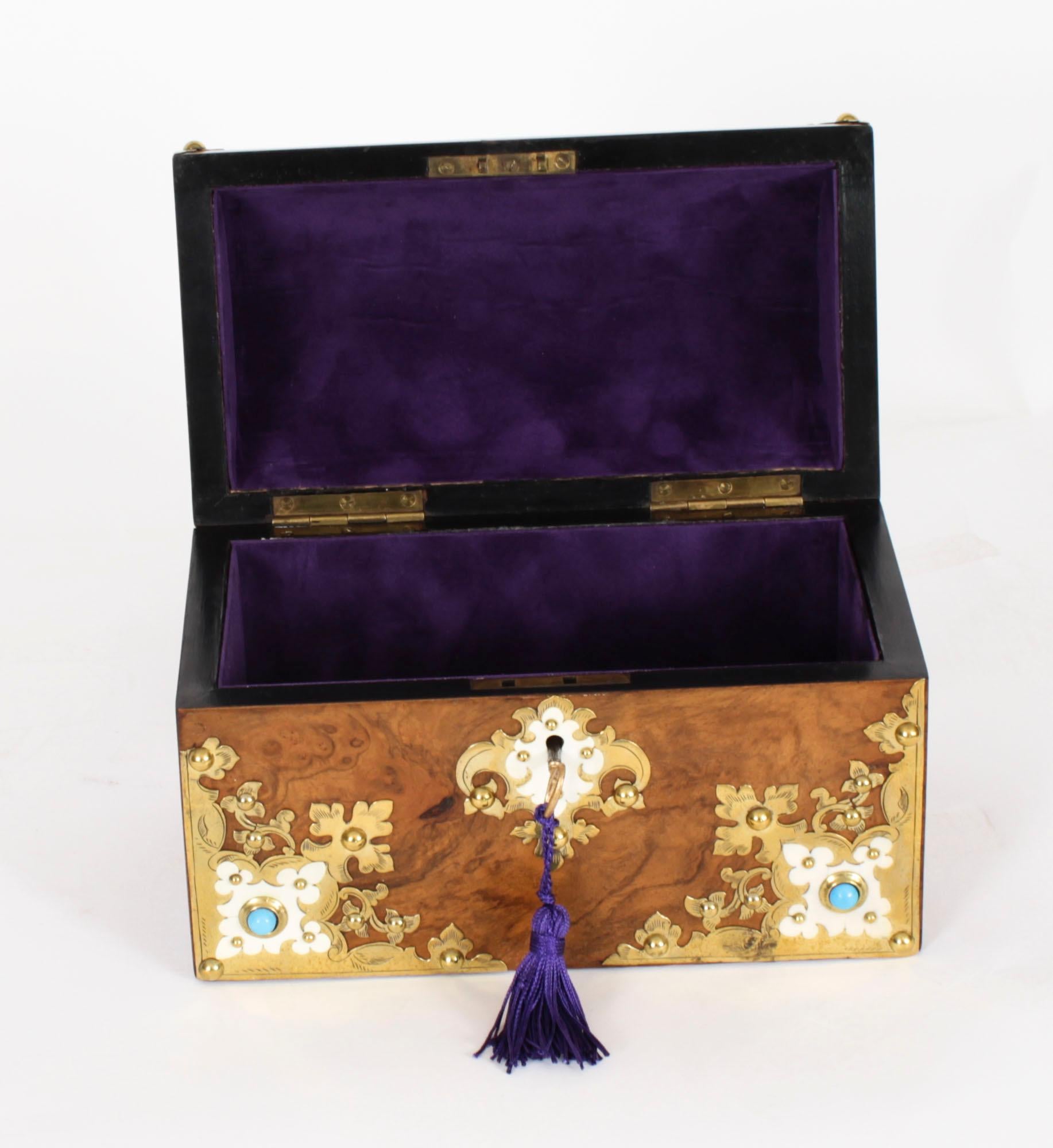 Antique Burr Walnut, Ivorine & Brass Box Domed Casket with Key 19th Century For Sale 7