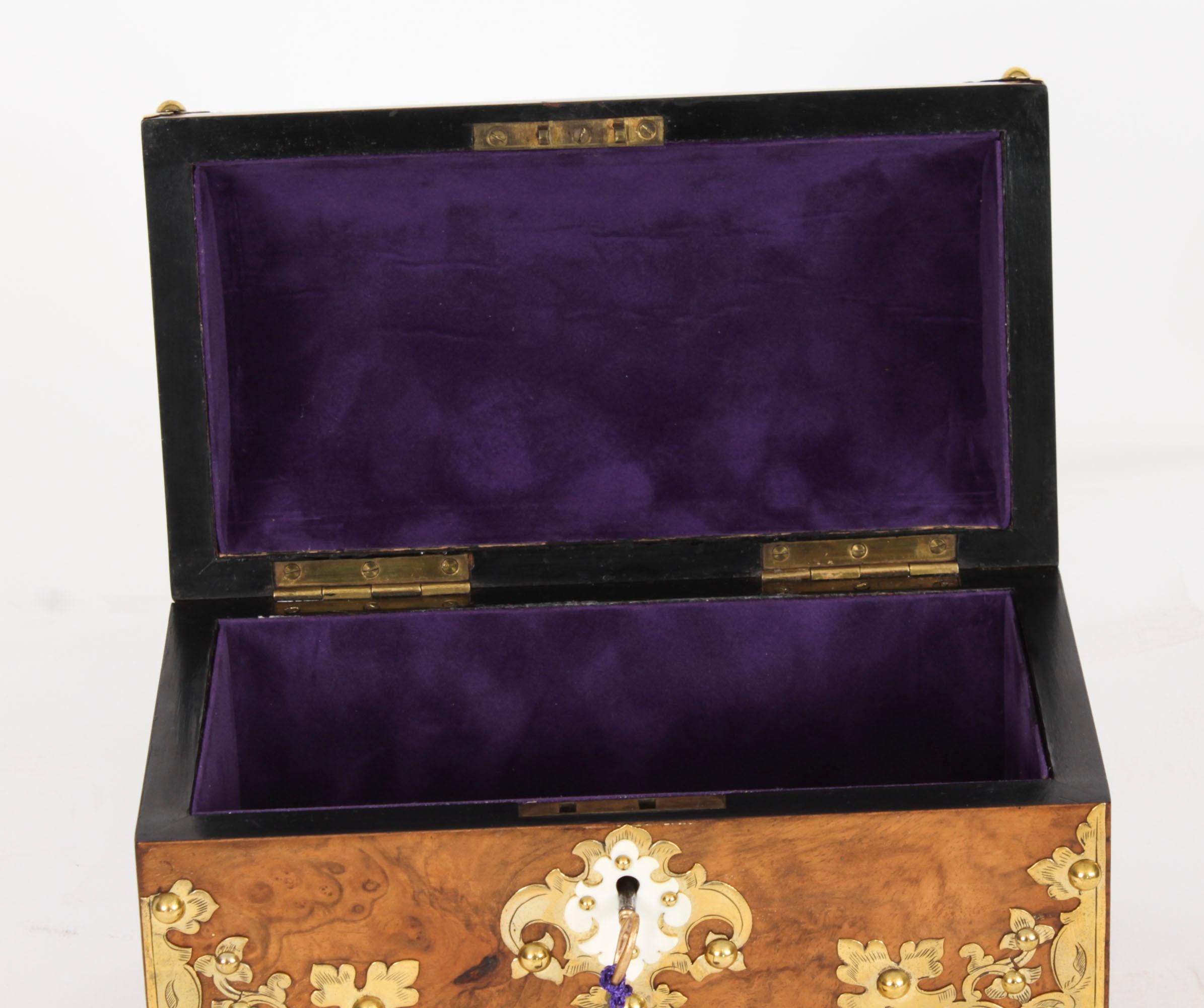 Antique Burr Walnut, Ivorine & Brass Box Domed Casket with Key 19th Century For Sale 8