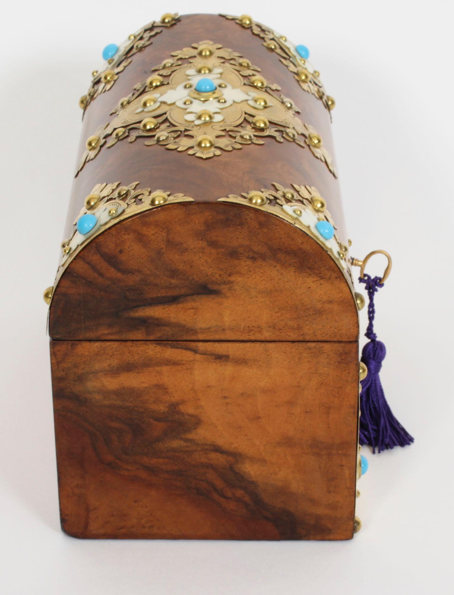 Antique Burr Walnut, Ivorine & Brass Box Domed Casket with Key 19th Century 5