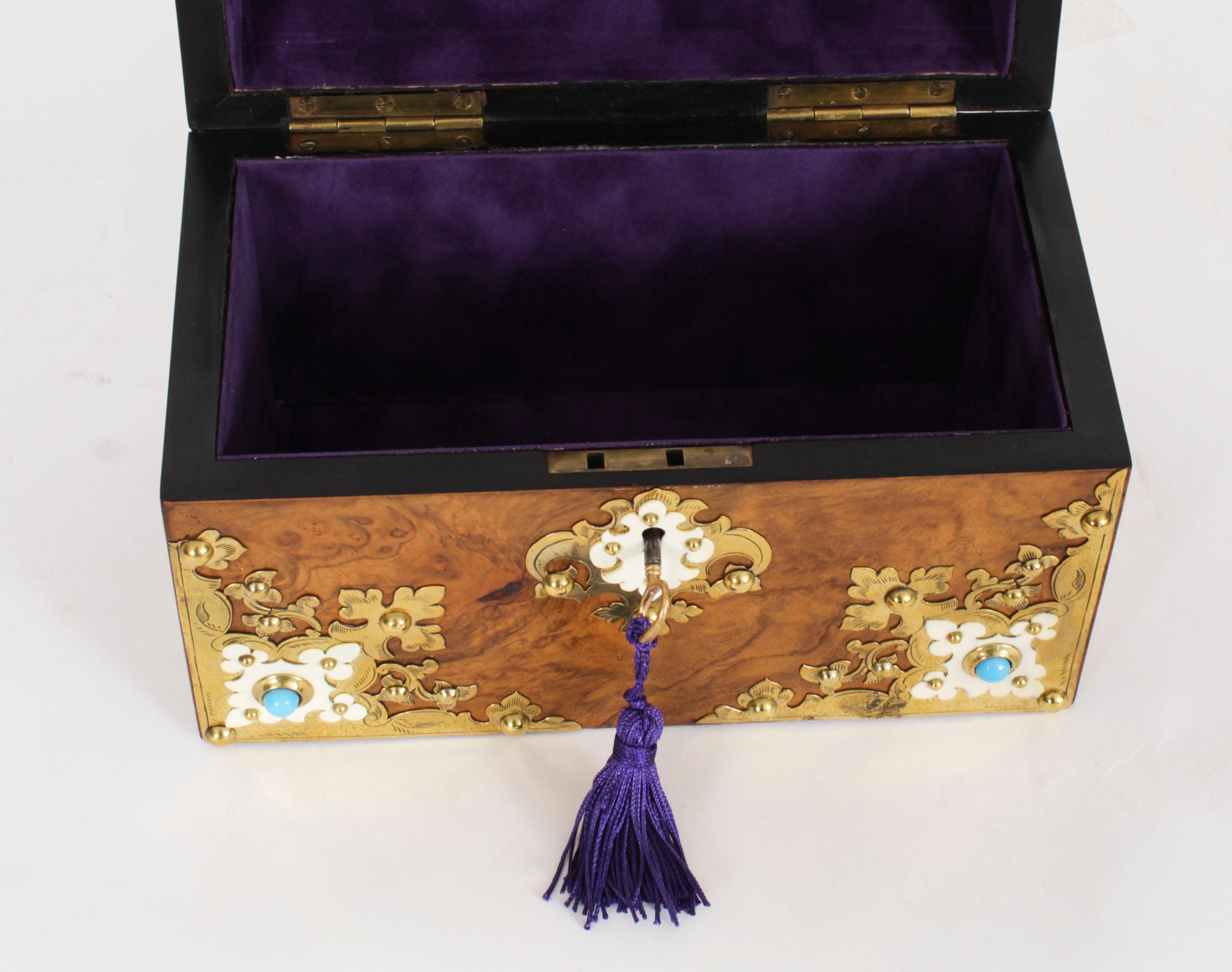 Antique Burr Walnut, Ivorine & Brass Box Domed Casket with Key 19th Century For Sale 9