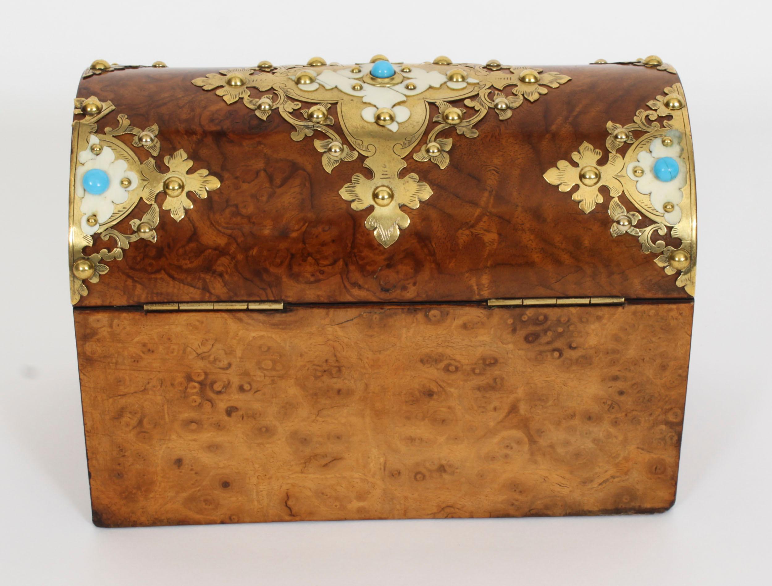 Antique Burr Walnut, Ivorine & Brass Box Domed Casket with Key 19th Century 6