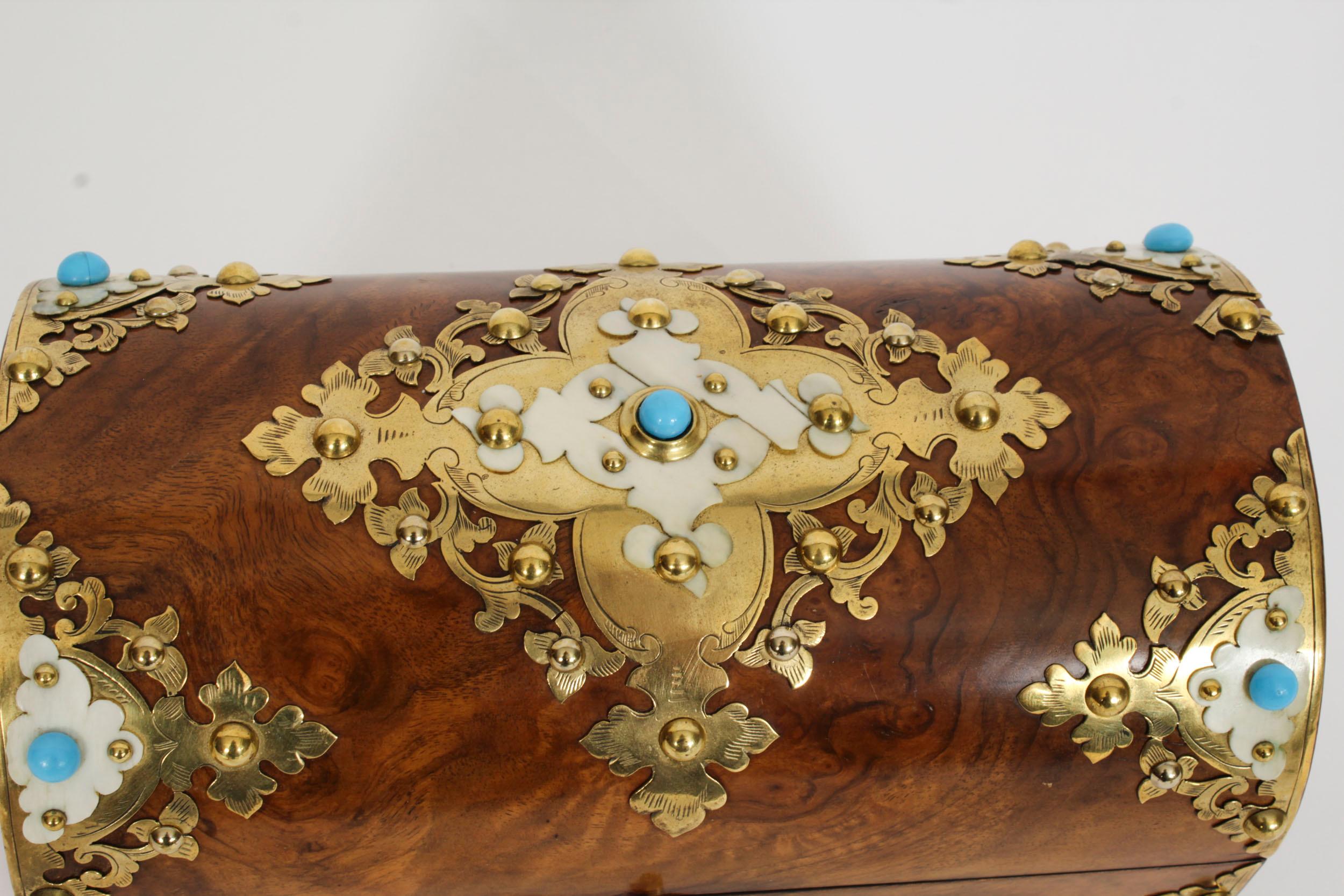 Antique Burr Walnut, Ivorine & Brass Box Domed Casket with Key 19th Century 8