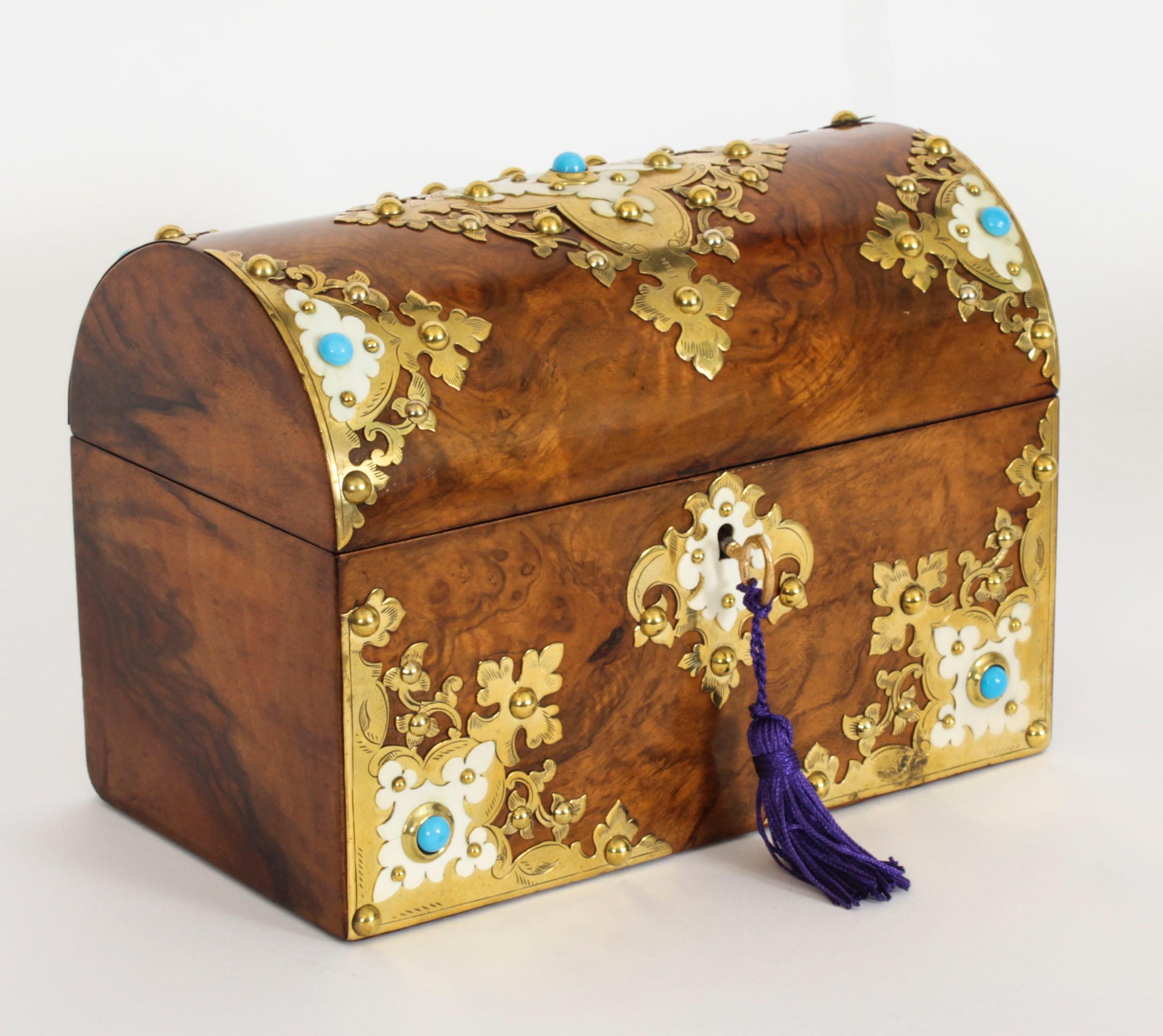 Antique Burr Walnut, Ivorine & Brass Box Domed Casket with Key 19th Century 11