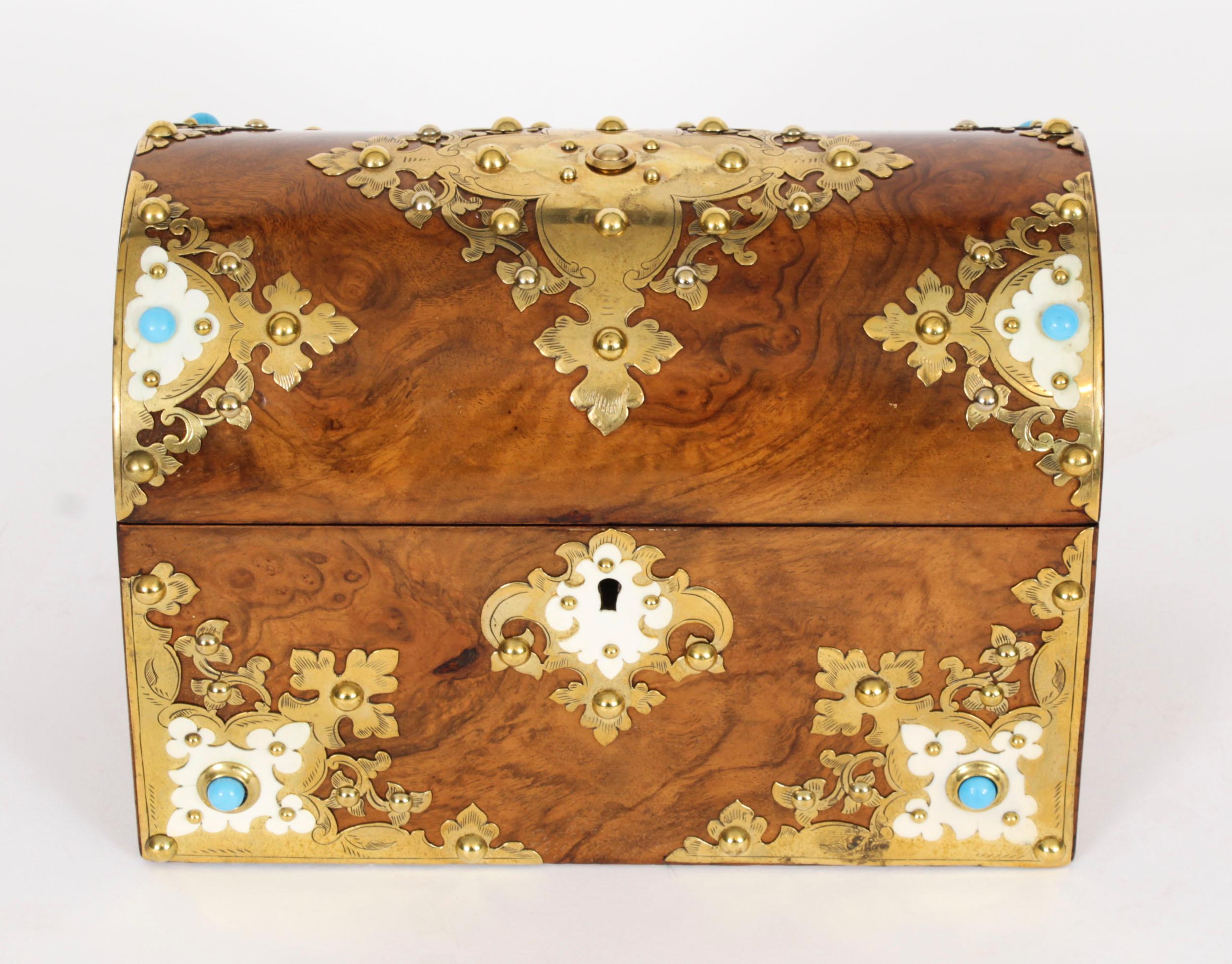 Antique Burr Walnut, Ivorine & Brass Box Domed Casket with Key 19th Century In Good Condition For Sale In London, GB