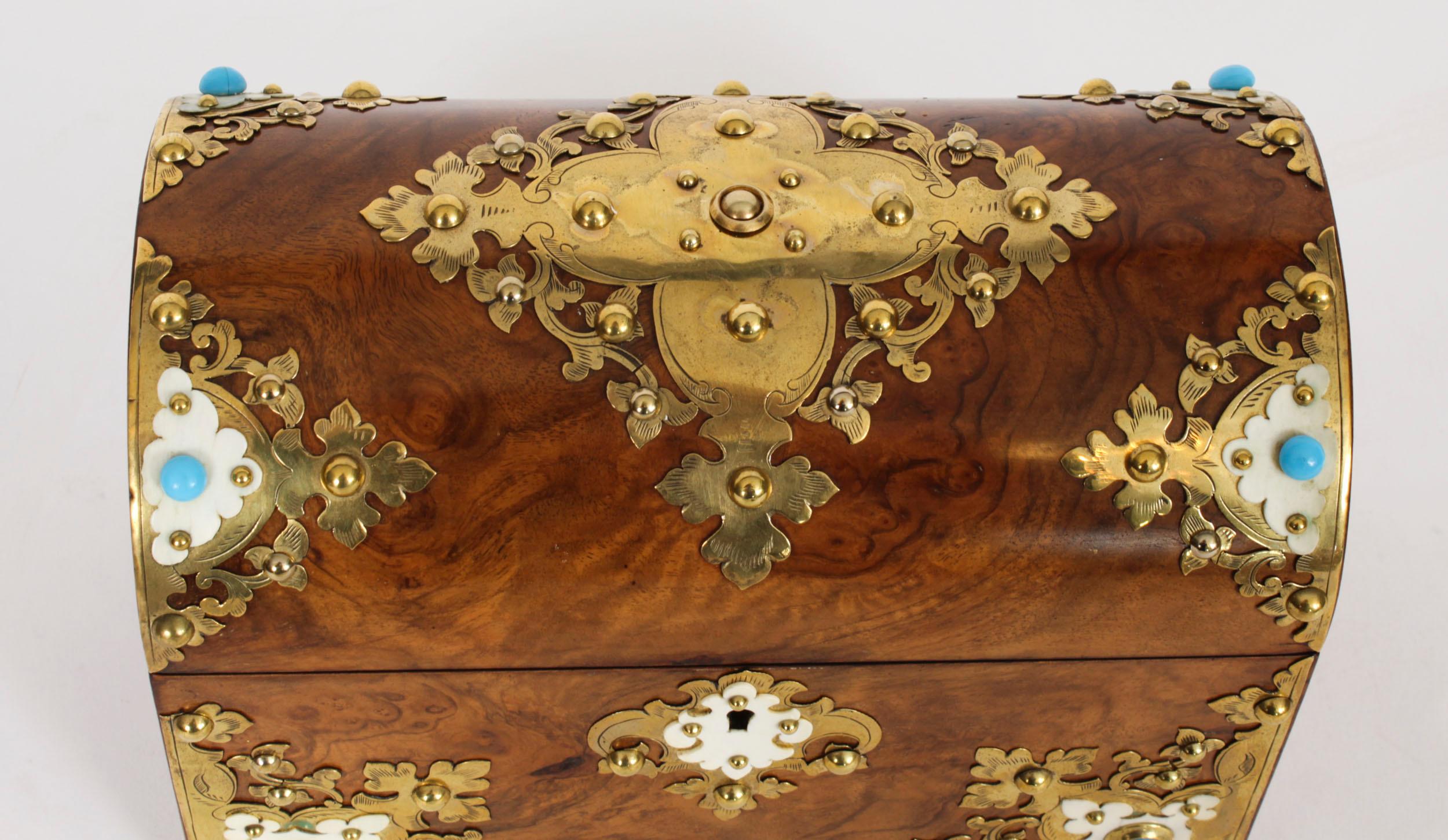 Late 19th Century Antique Burr Walnut, Ivorine & Brass Box Domed Casket with Key 19th Century For Sale