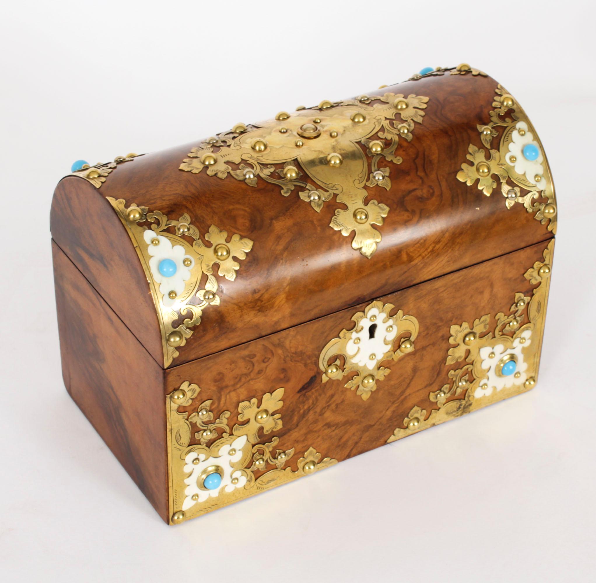 Antique Burr Walnut, Ivorine & Brass Box Domed Casket with Key 19th Century For Sale 1