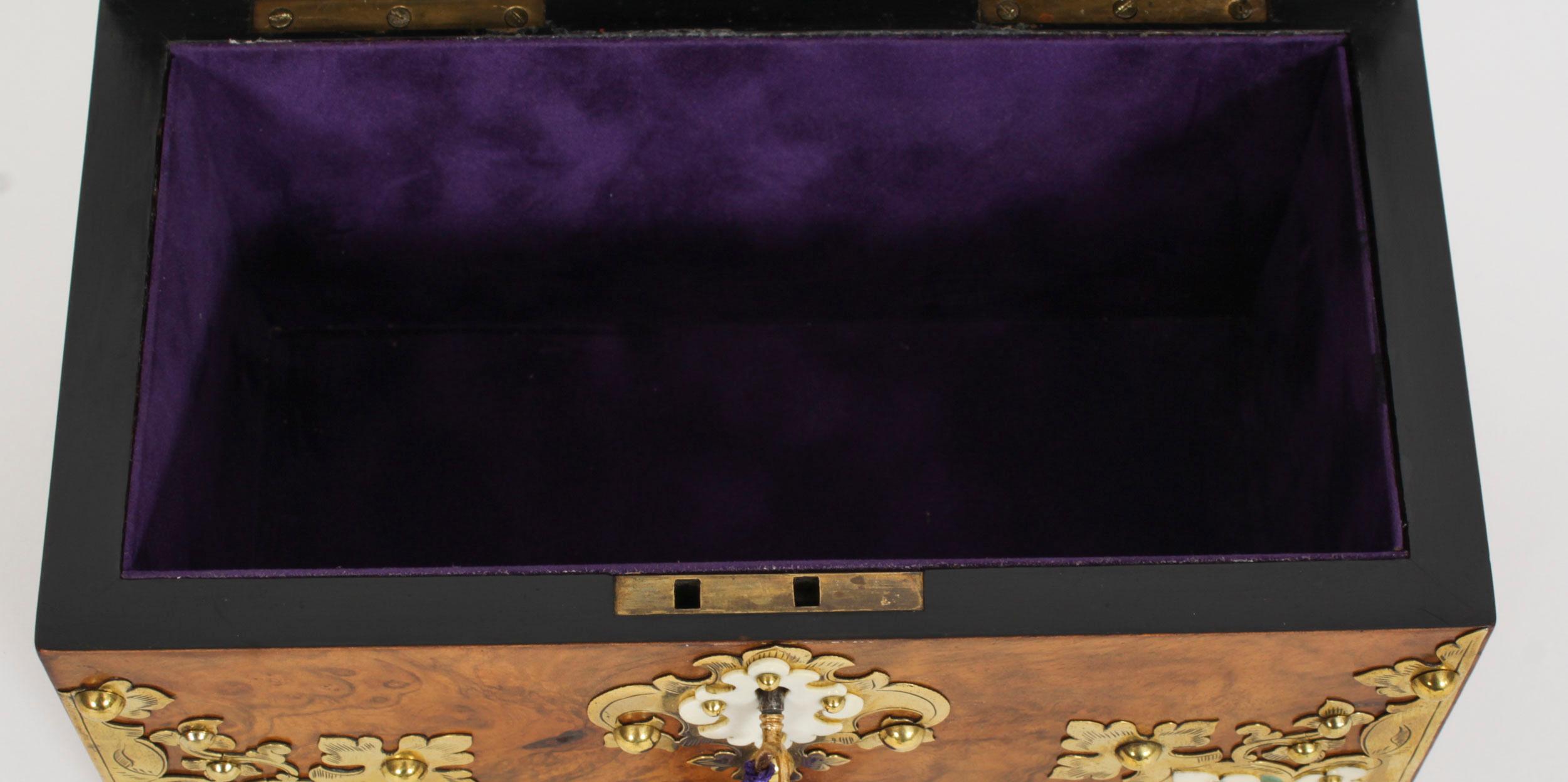 English Antique Burr Walnut, Ivorine & Brass Box Domed Casket with Key 19th Century