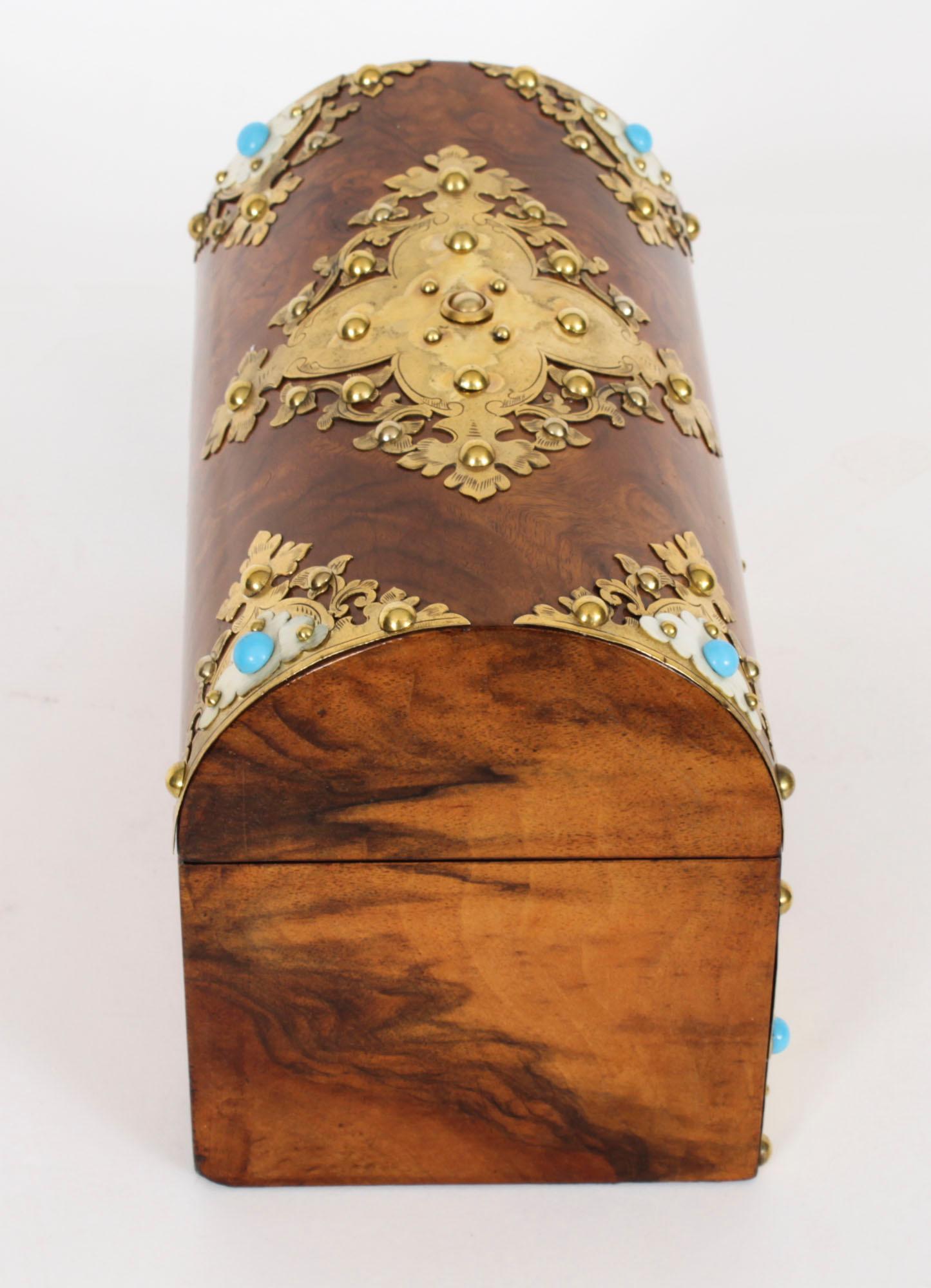Antique Burr Walnut, Ivorine & Brass Box Domed Casket with Key 19th Century For Sale 2
