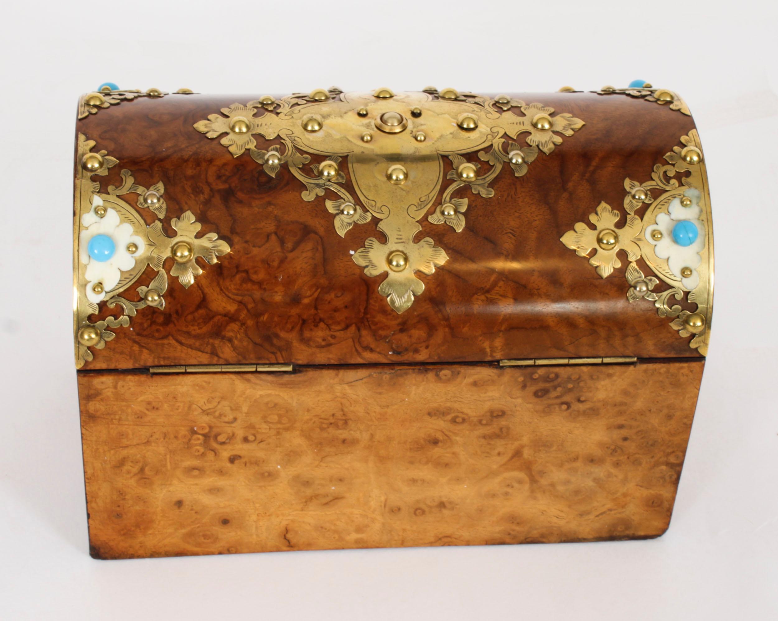 Antique Burr Walnut, Ivorine & Brass Box Domed Casket with Key 19th Century For Sale 3