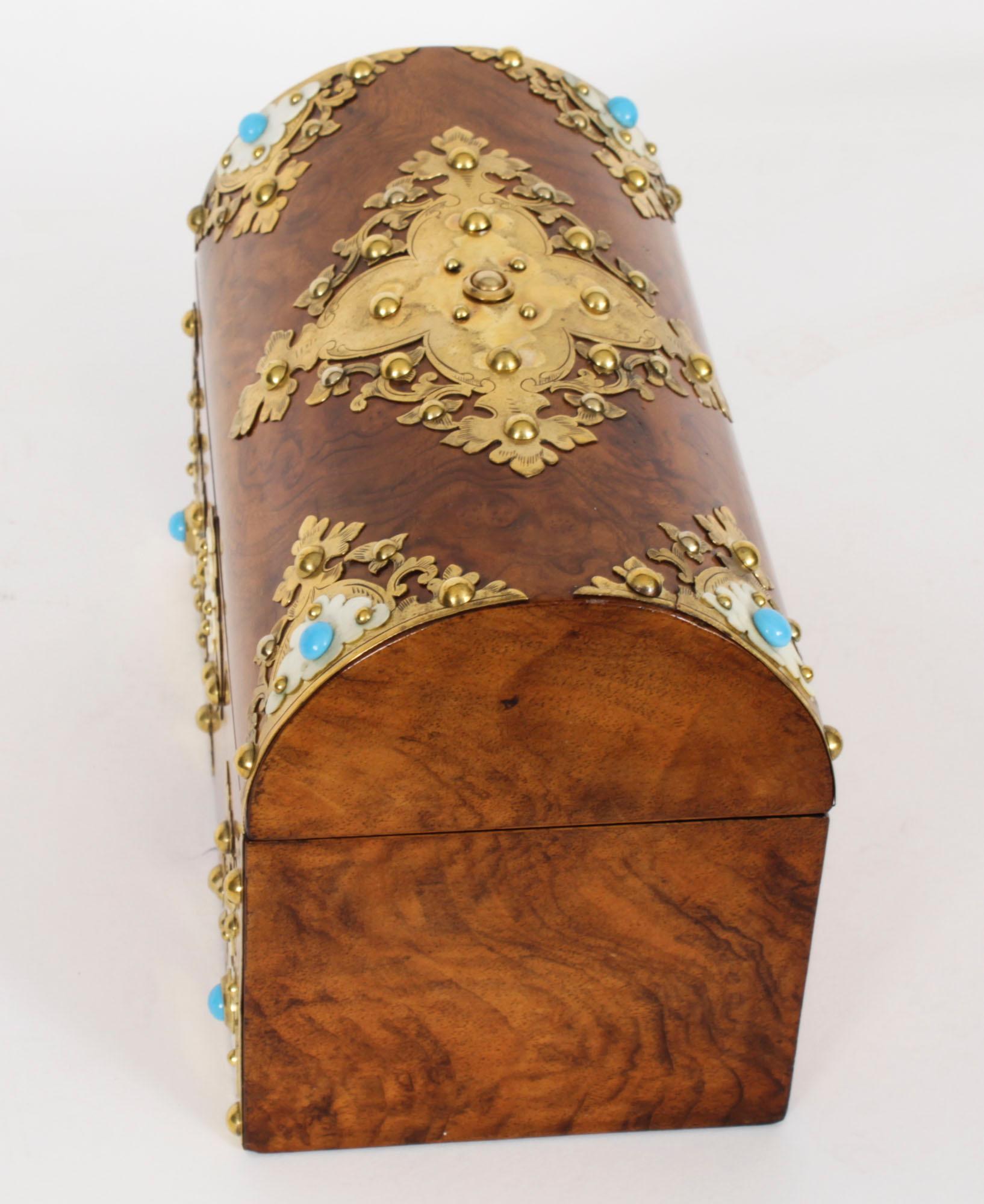 Antique Burr Walnut, Ivorine & Brass Box Domed Casket with Key 19th Century For Sale 4