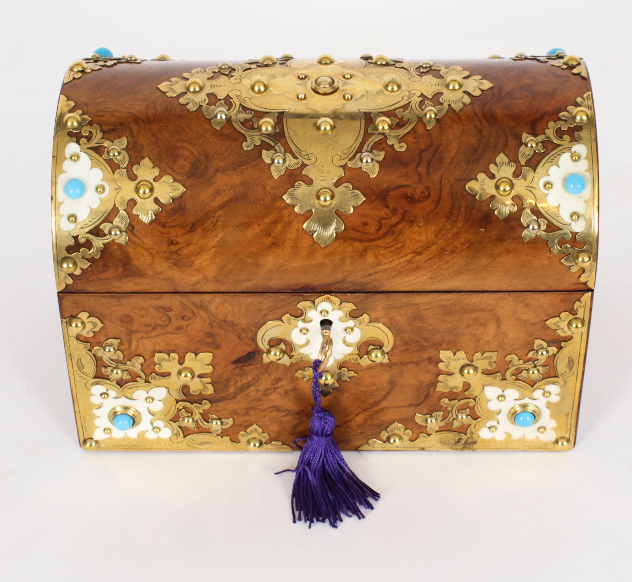Antique Burr Walnut, Ivorine & Brass Box Domed Casket with Key 19th Century For Sale 5