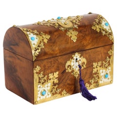 Antique Burr Walnut, Ivorine & Brass Box Domed Casket with Key 19th Century