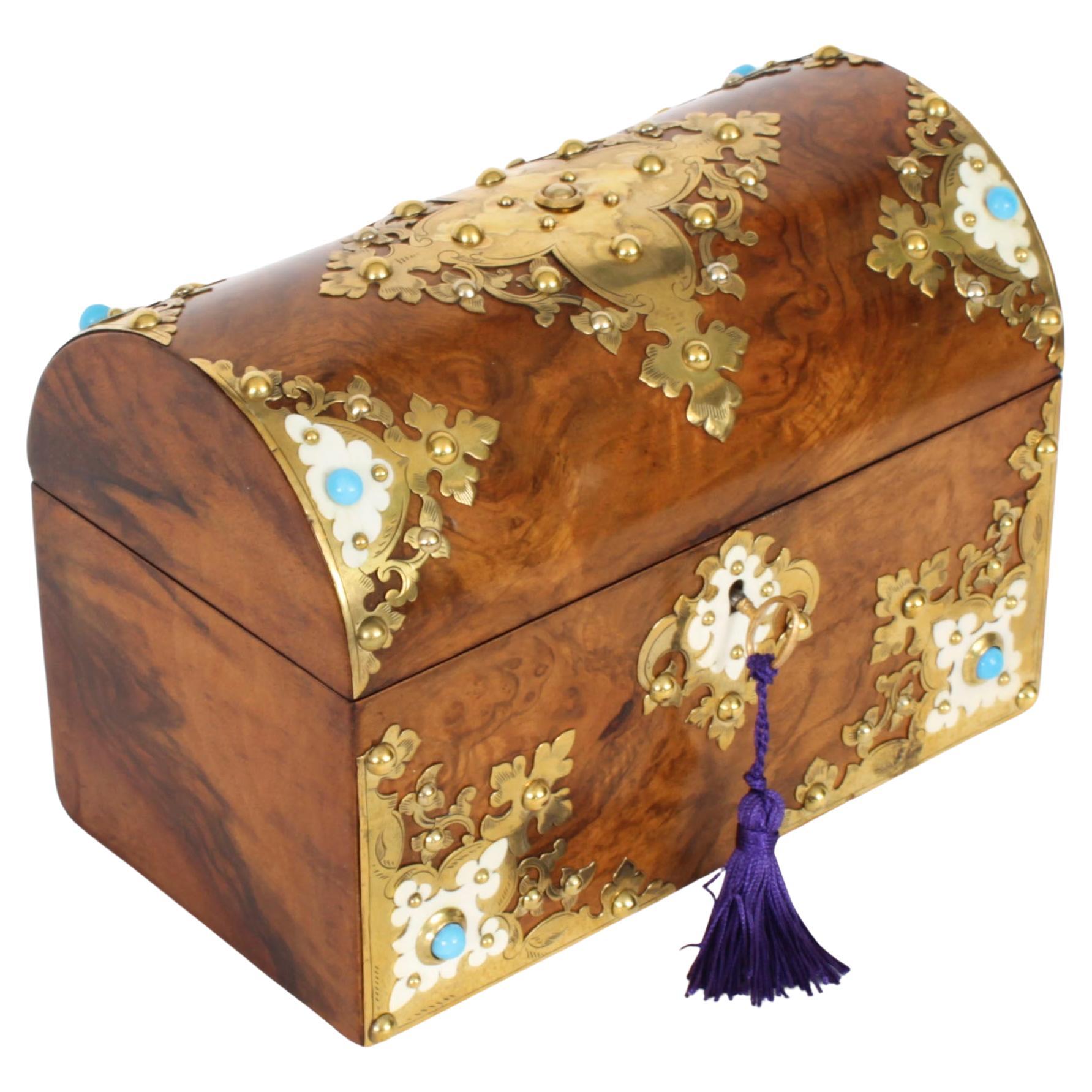 Antique Burr Walnut, Ivorine & Brass Box Domed Casket with Key 19th Century For Sale