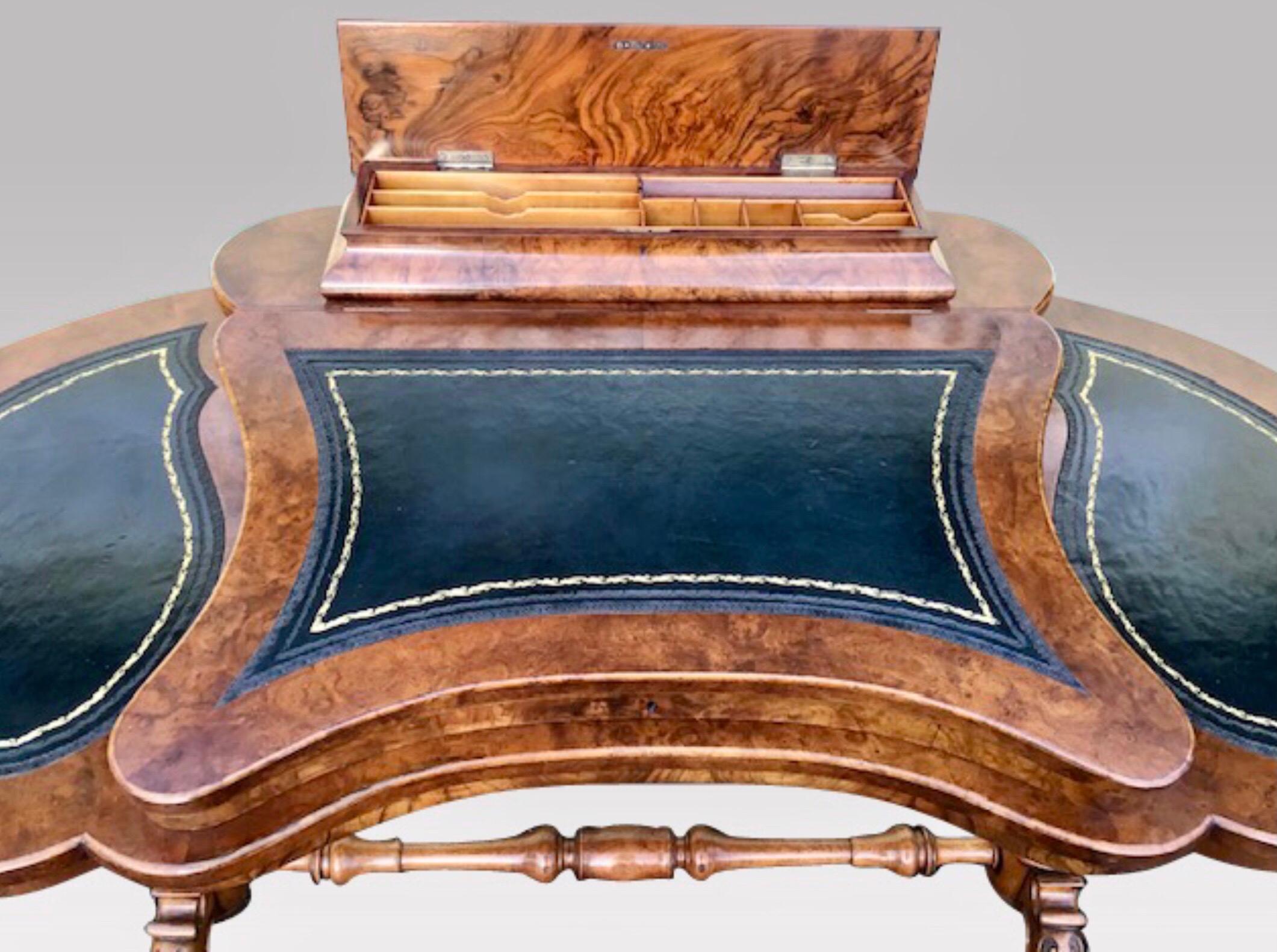 British Antique Burr Walnut Kidney Shape Desk For Sale