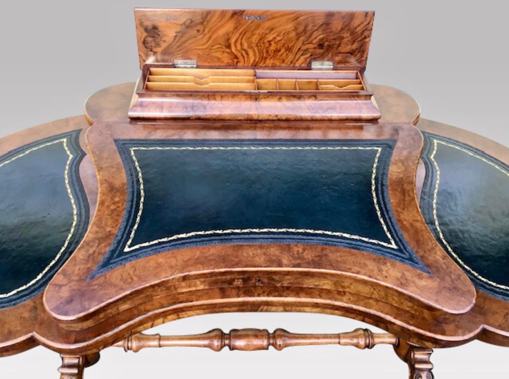 British Antique Burr Walnut Kidney Shape Desk For Sale