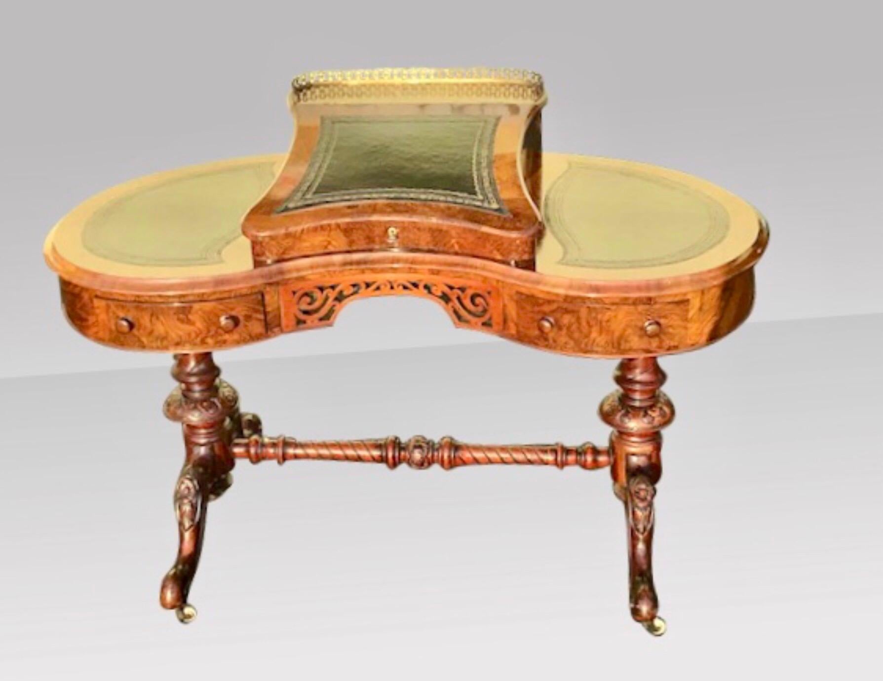 Victorian Antique Burr Walnut Kidney Shaped Desk  For Sale