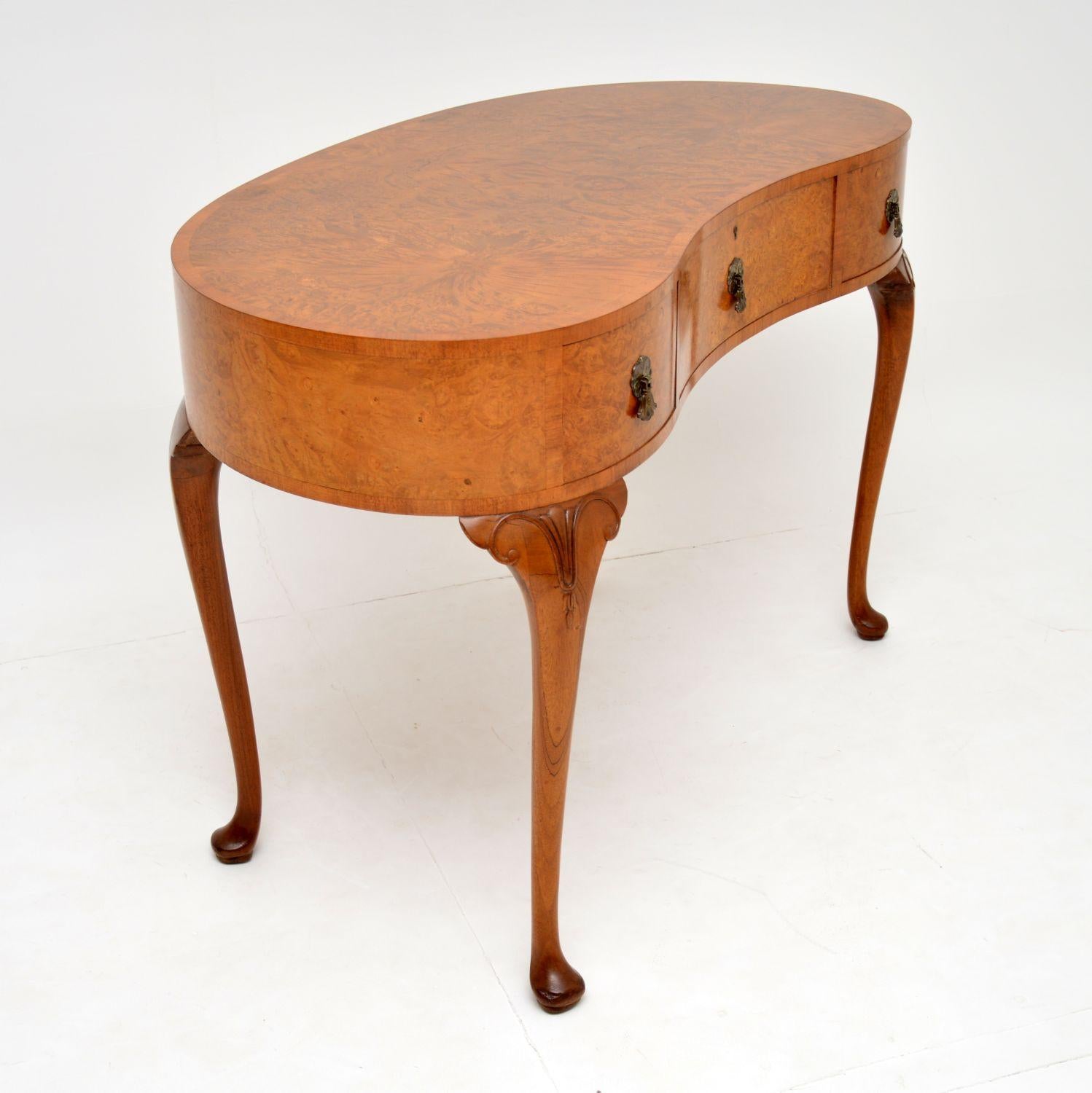 English Antique Burr Walnut Kidney Shaped Desk or Dressing Table by Waring & Gillows
