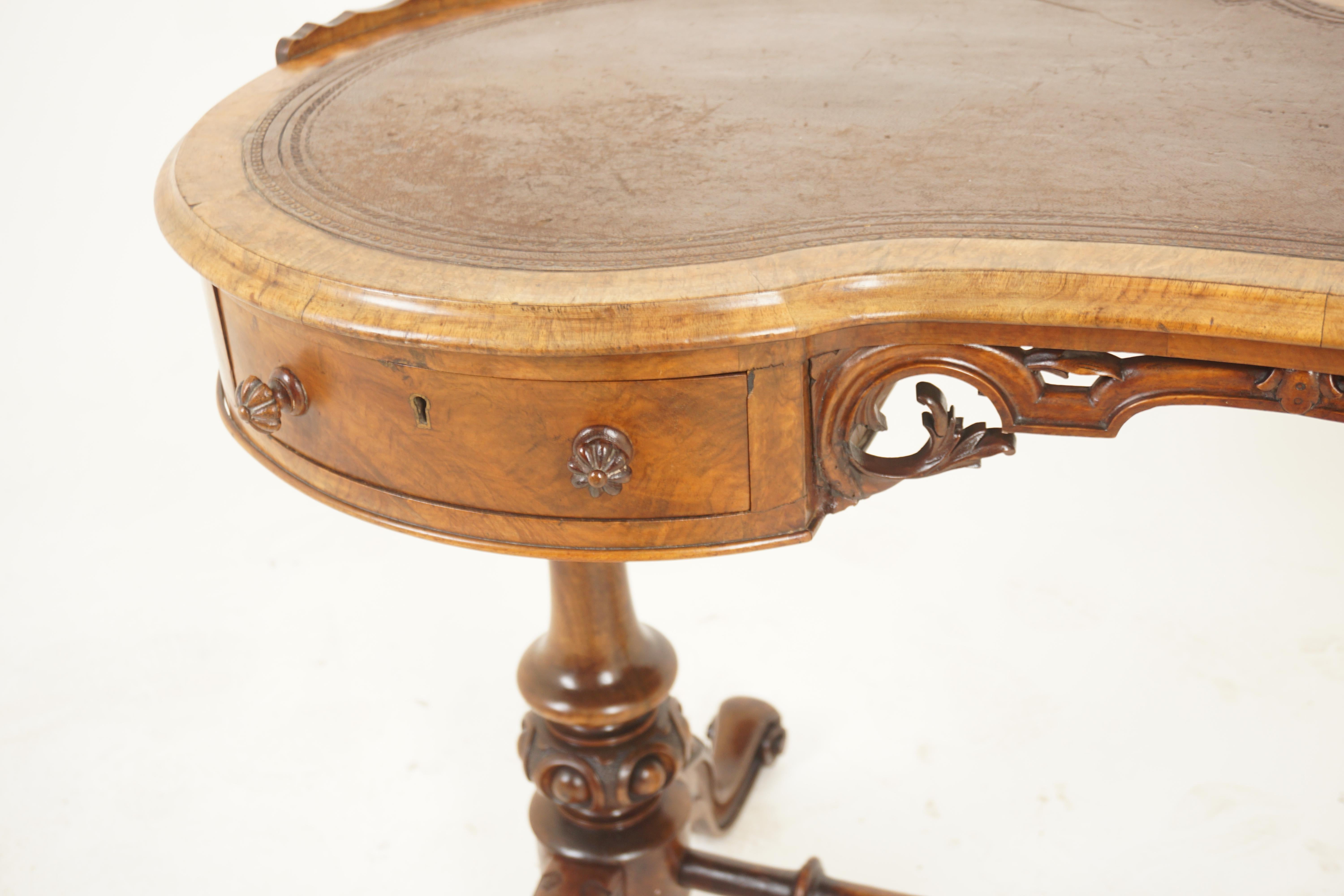 Scottish Antique Burr Walnut Kidney Shaped Desk, Writing Table, Scotland 1870, H1178 For Sale