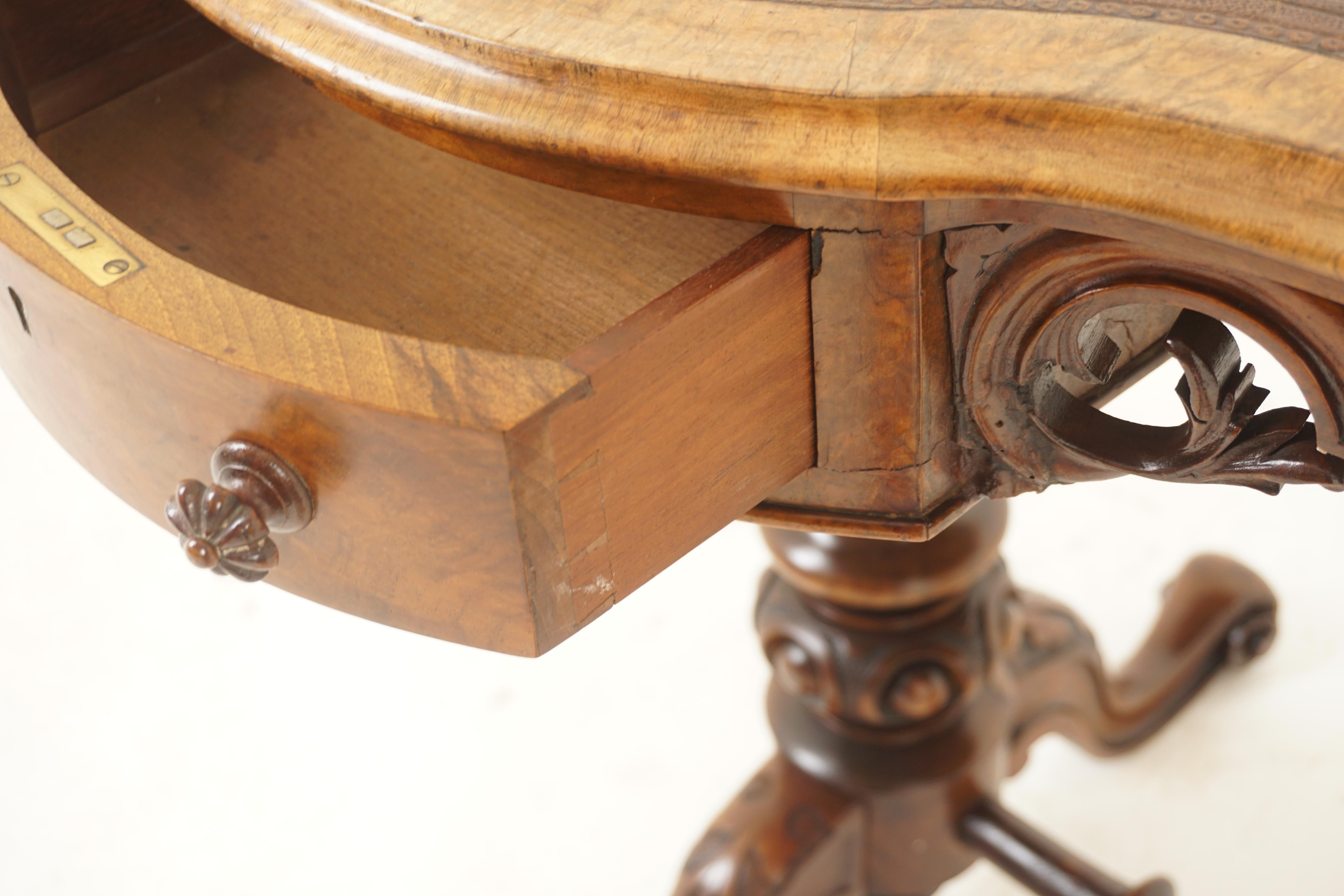 Antique Burr Walnut Kidney Shaped Desk, Writing Table, Scotland 1870, H1178 In Good Condition For Sale In Vancouver, BC