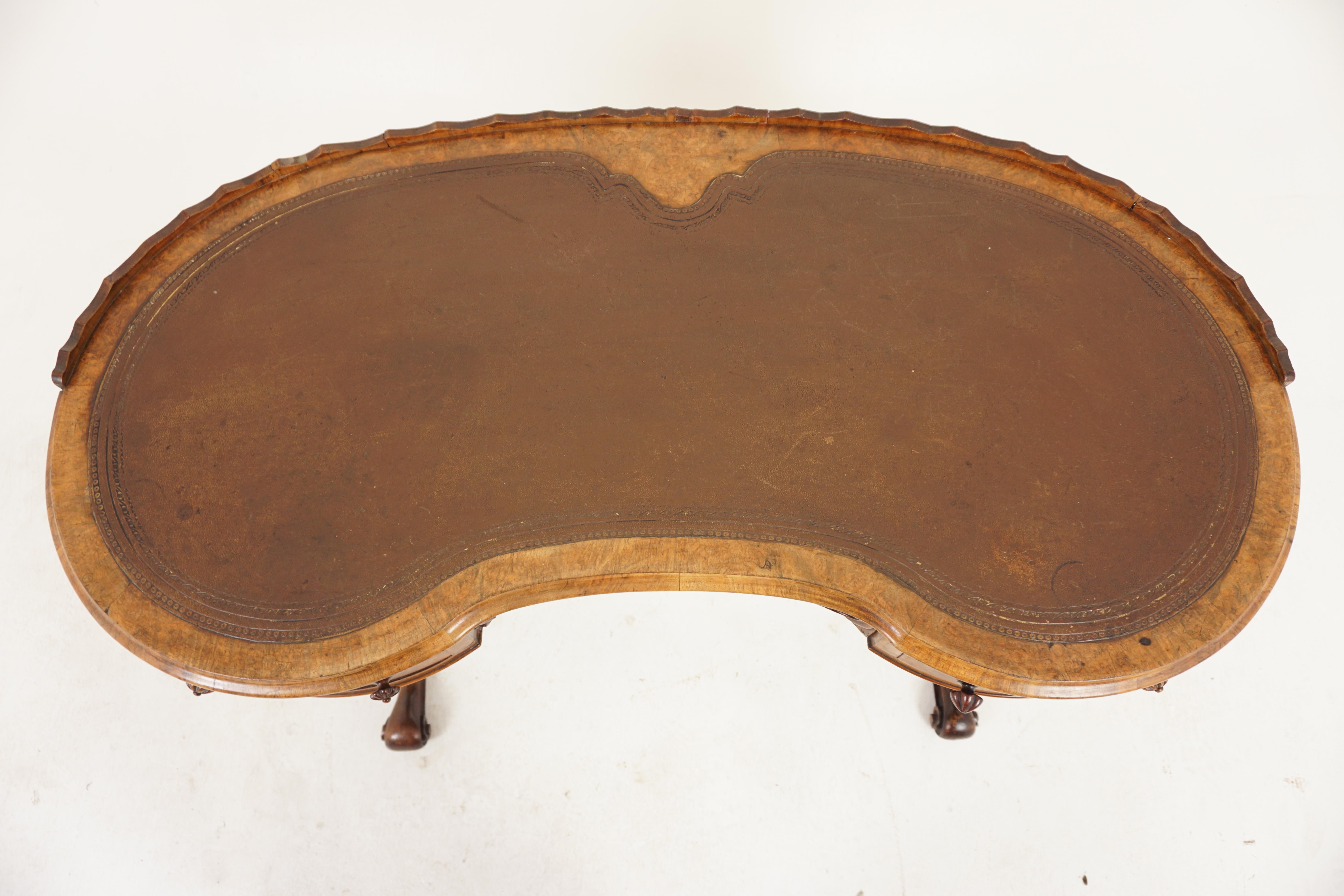 Late 19th Century Antique Burr Walnut Kidney Shaped Desk, Writing Table, Scotland 1870, H1178 For Sale