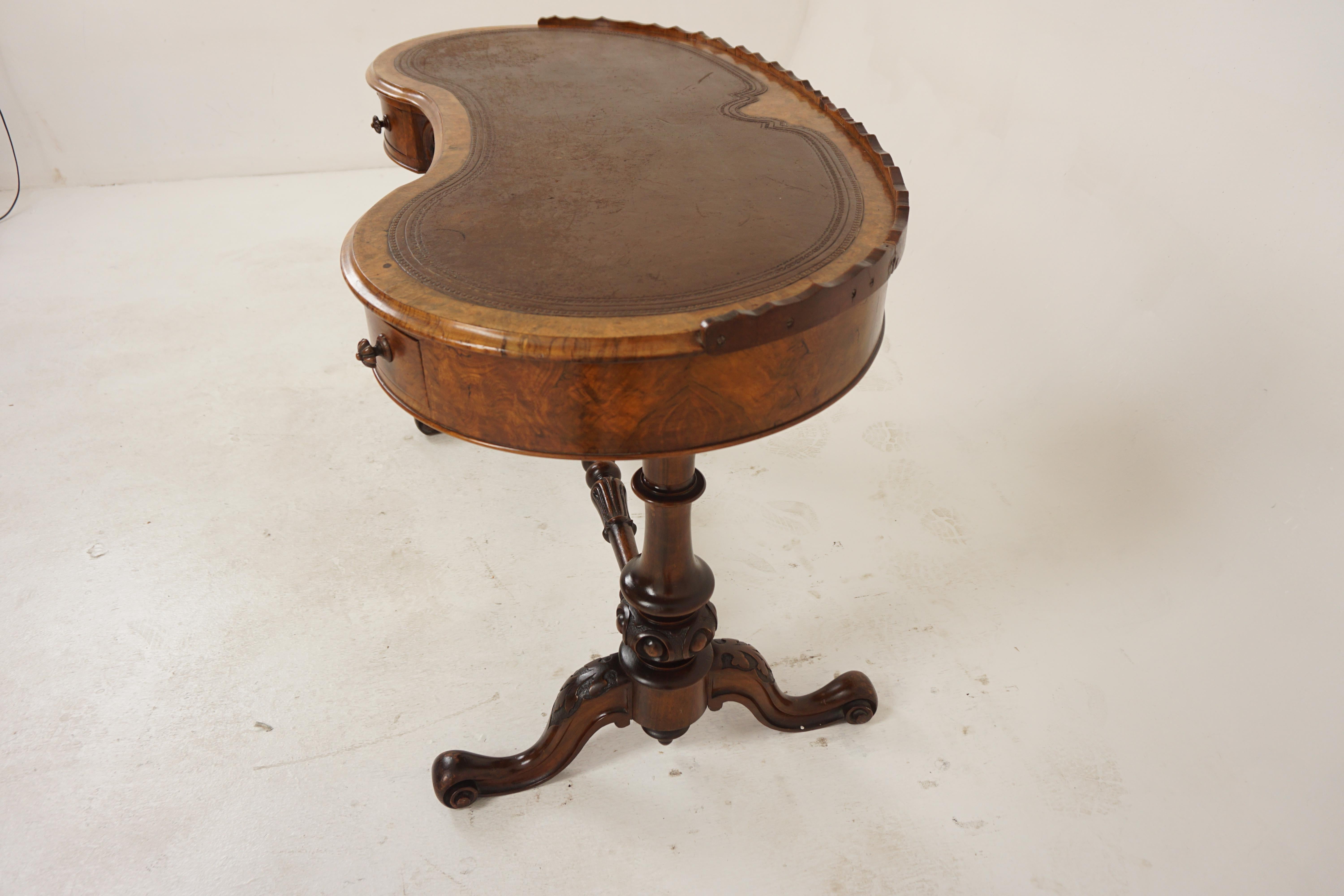 Antique Burr Walnut Kidney Shaped Desk, Writing Table, Scotland 1870, H1178 For Sale 1